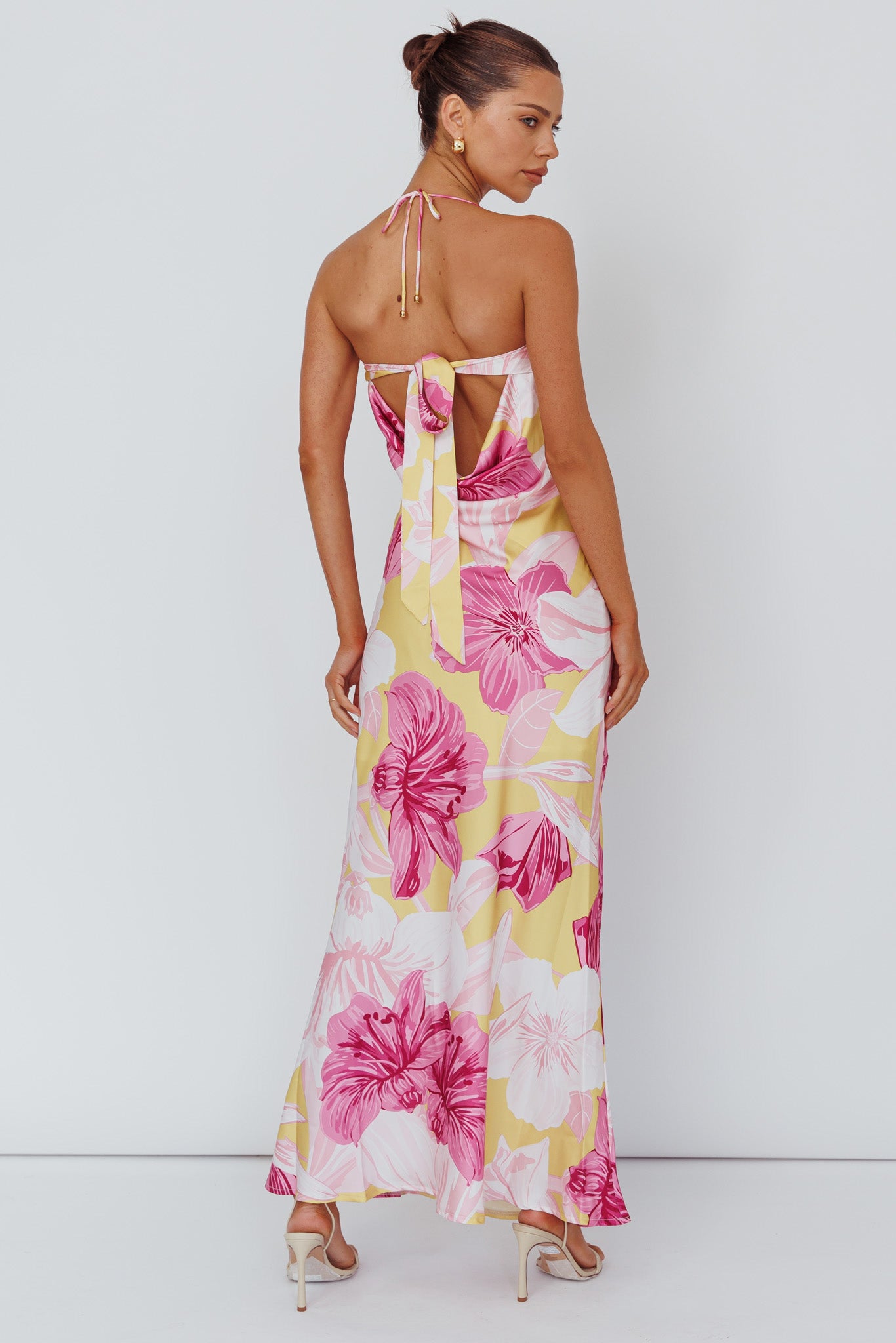 Jacquelynne Halter Cowl Back Maxi Dress Pink-Maymioy