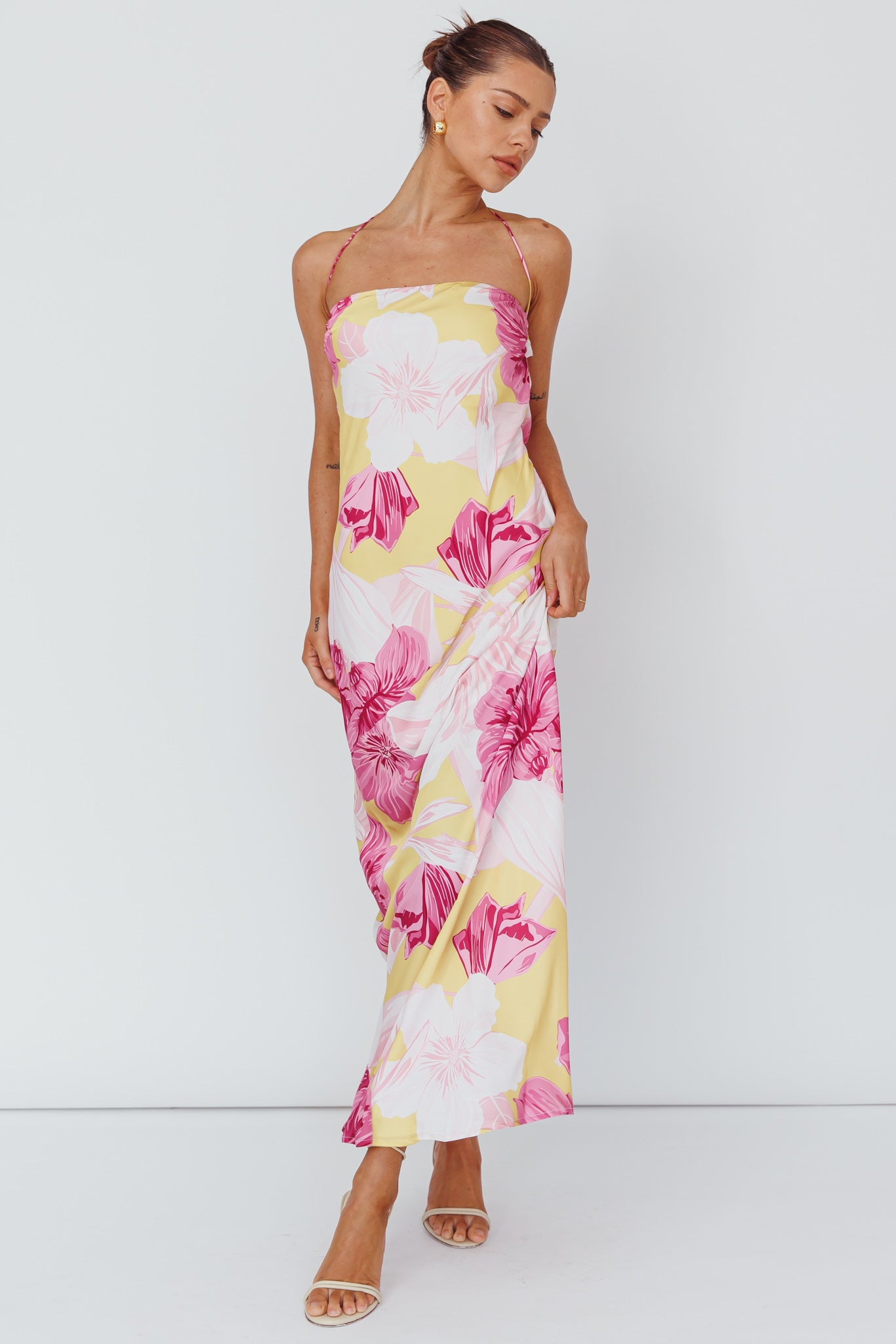 Jacquelynne Halter Cowl Back Maxi Dress Pink-Maymioy