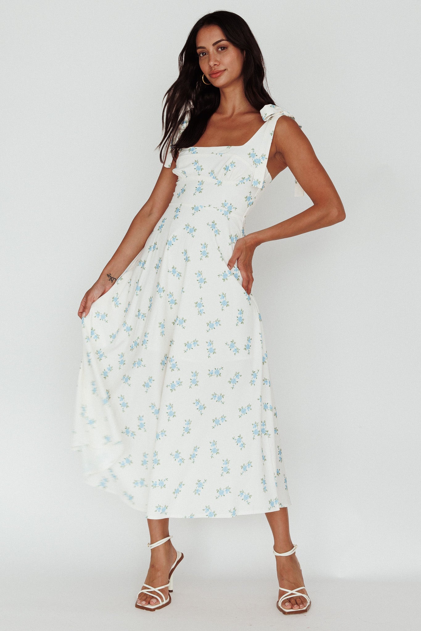 Mathilda Tied Shoulder Midi Dress Blue Floral-Maymioy