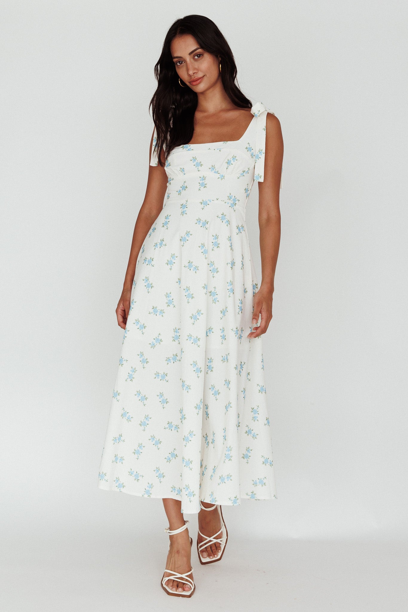Mathilda Tied Shoulder Midi Dress Blue Floral-Maymioy