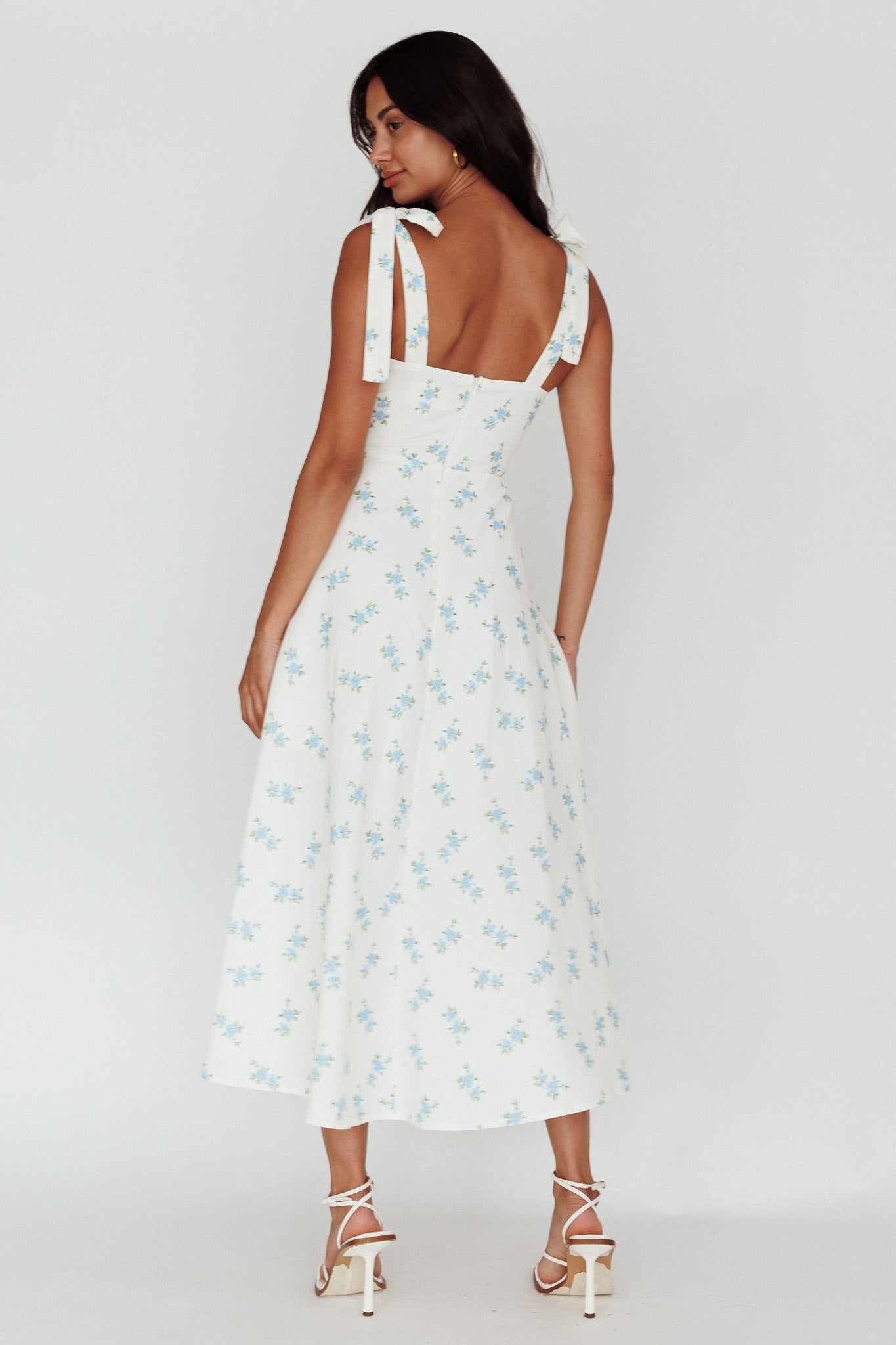 Mathilda Tied Shoulder Midi Dress Blue Floral-Maymioy