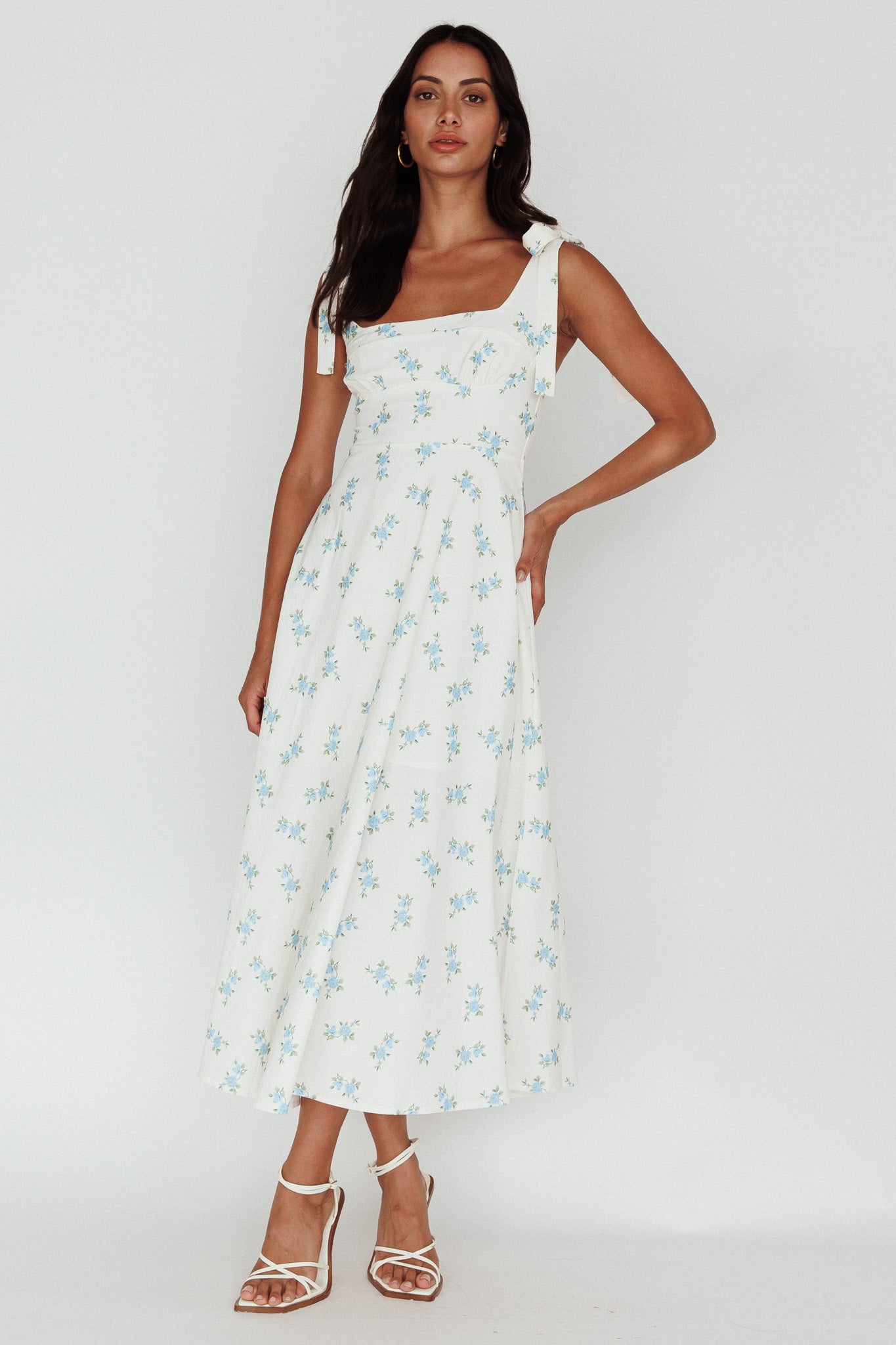 Mathilda Tied Shoulder Midi Dress Blue Floral-Maymioy