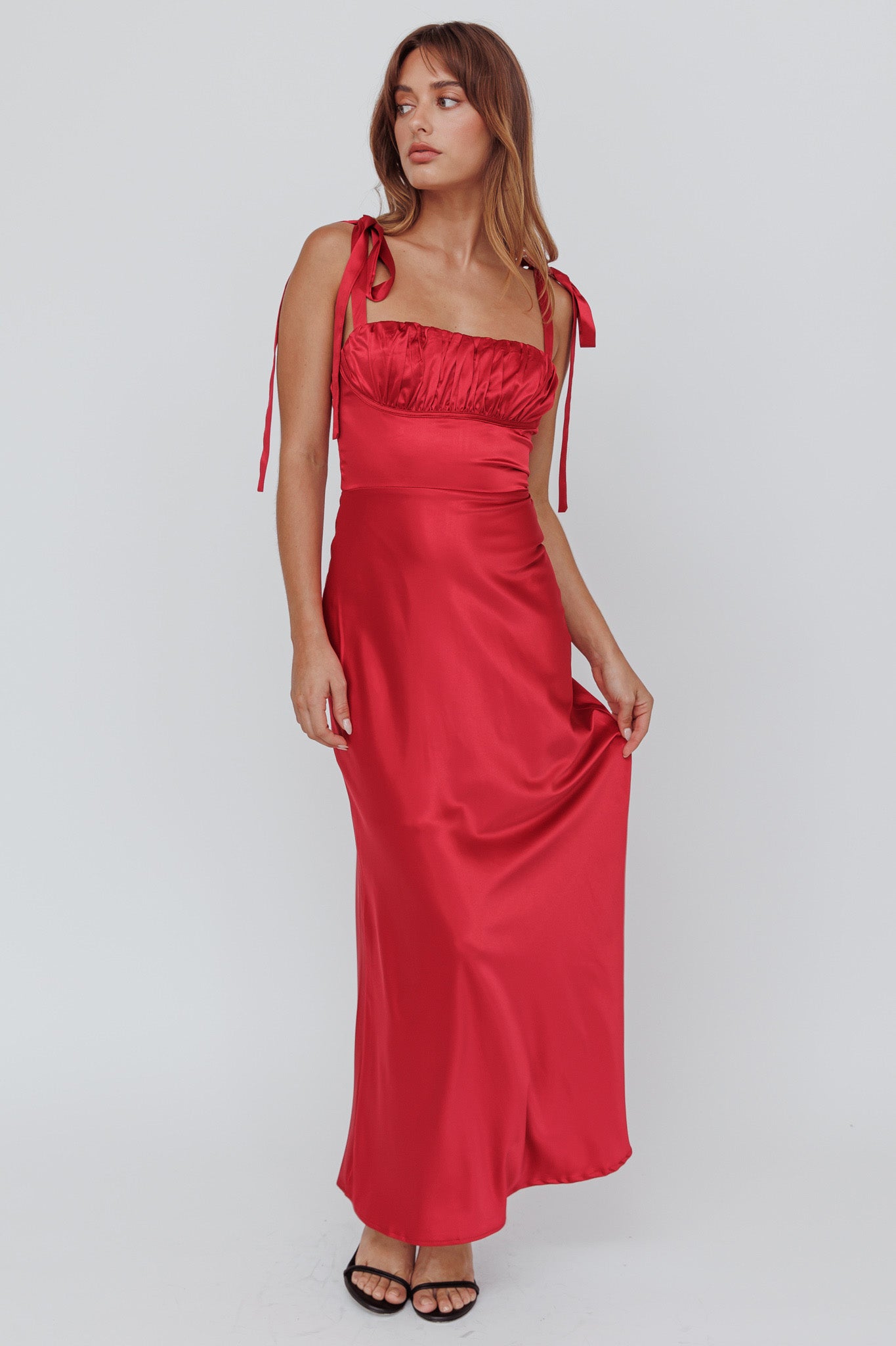Pennelope Tied Shoulder Maxi Dress Wine-Maymioy