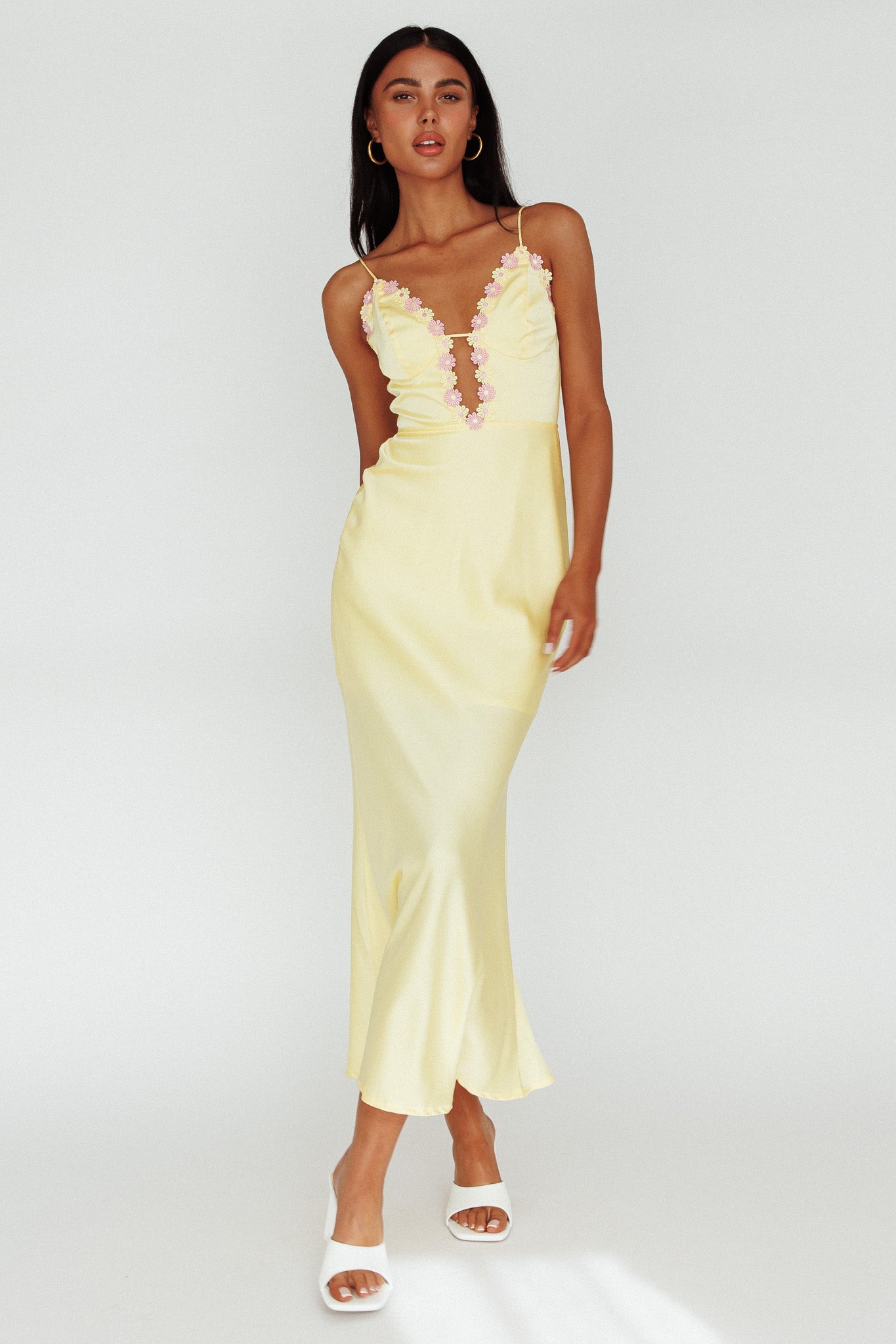 Honeysuckle Floral Neckline Midi Dress Lemon-Maymioy