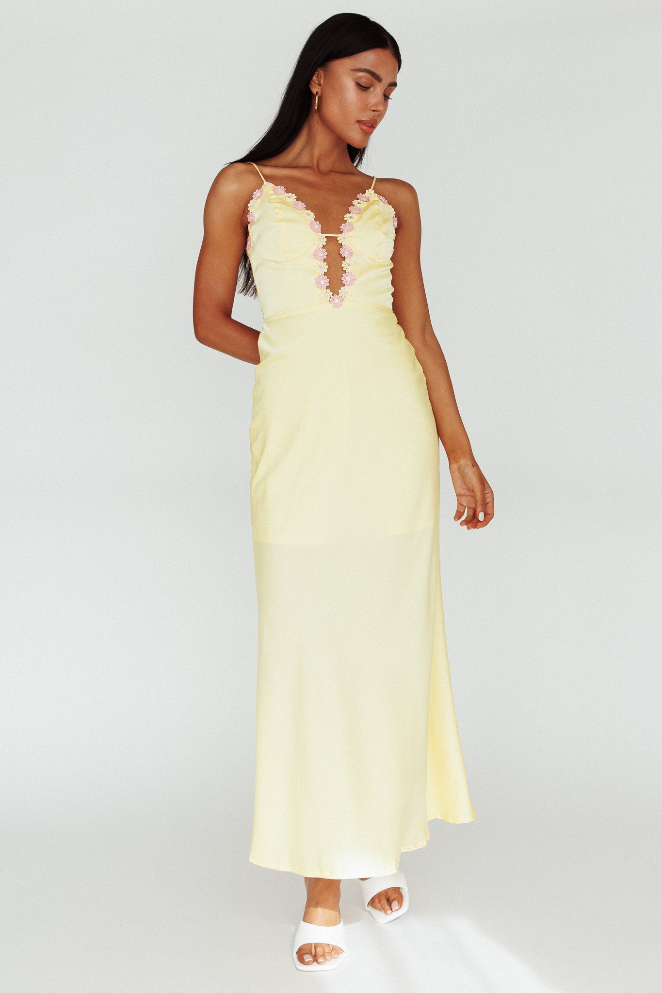 Honeysuckle Floral Neckline Midi Dress Lemon-Maymioy