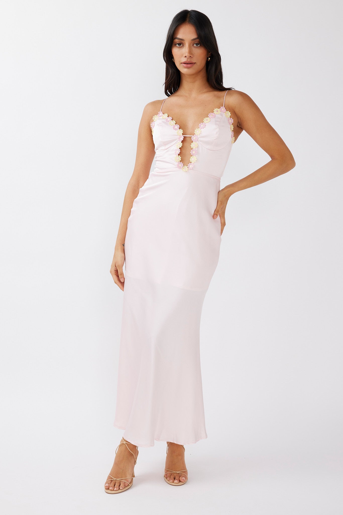 Honeysuckle Floral Neckline Midi Dress Pink-Maymioy