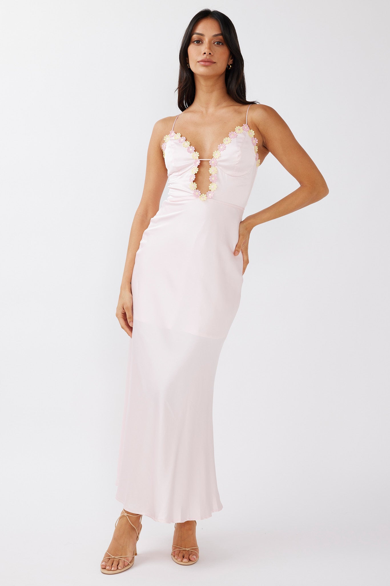 Honeysuckle Floral Neckline Midi Dress Pink-Maymioy