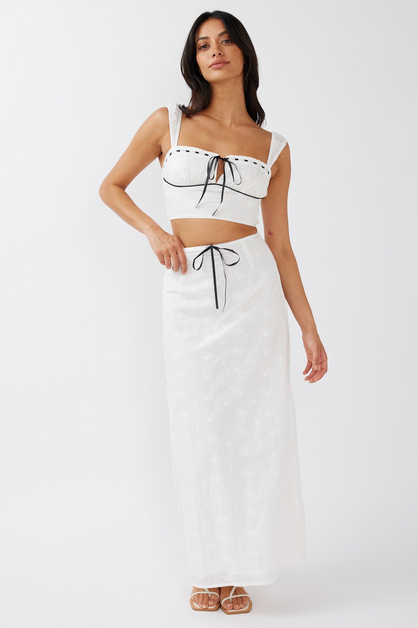 Helga Eyelet Embroidery Bow Maxi Skirt White-Maymioy