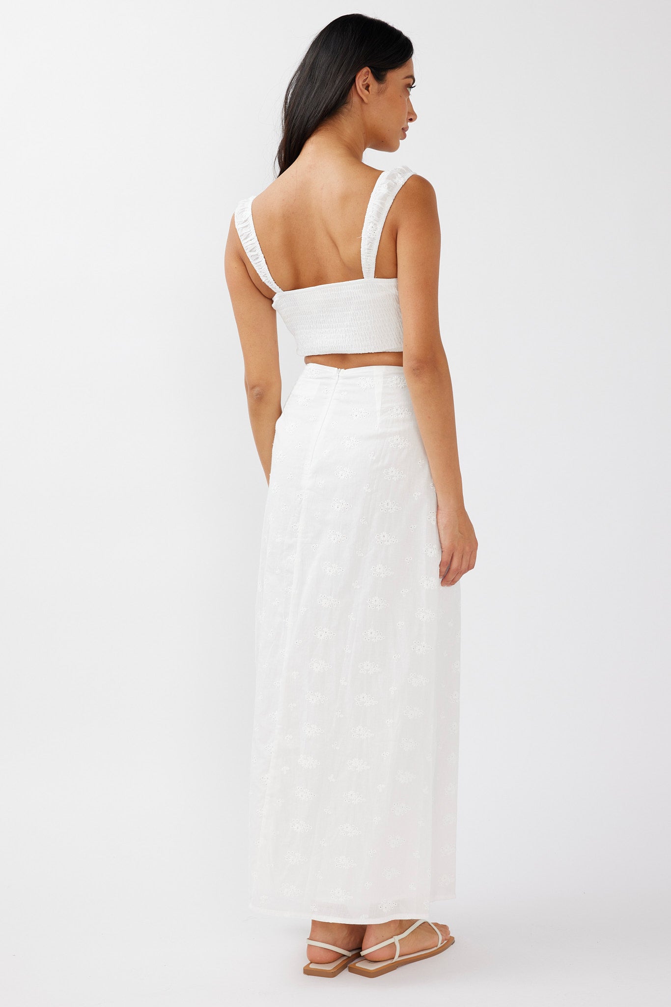 Helga Eyelet Embroidery Bow Maxi Skirt White-Maymioy
