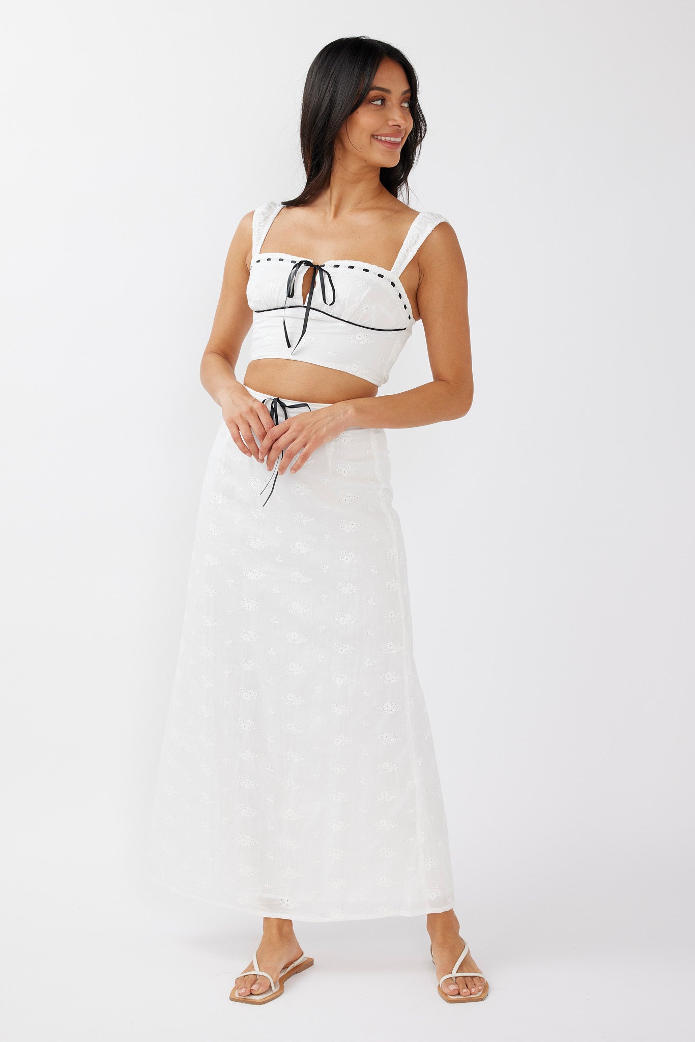 Helga Eyelet Embroidery Bow Maxi Skirt White-Maymioy