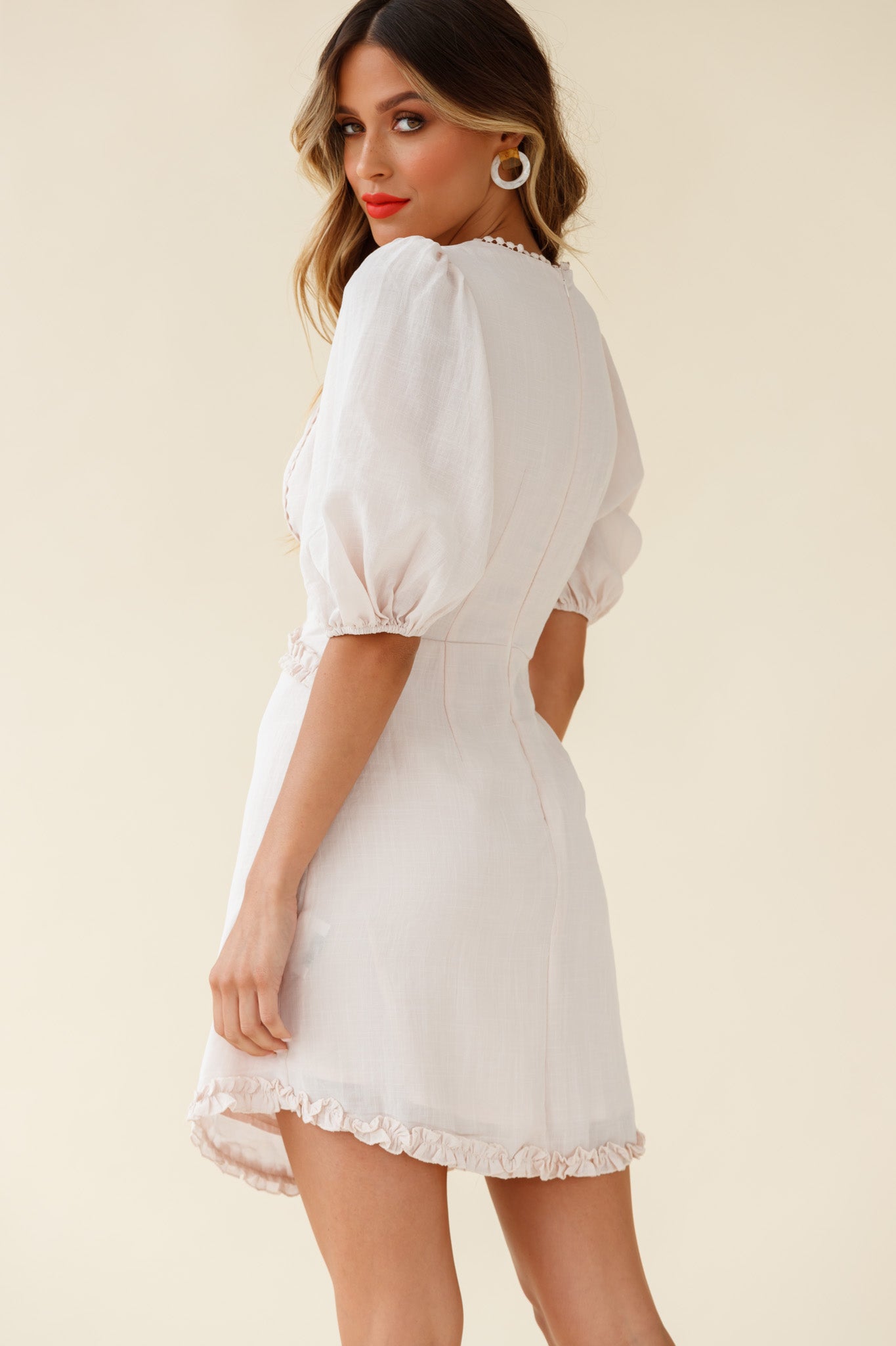 Meant To Be Puff Sleeve Frill Detail Dress Beige-Maymioy