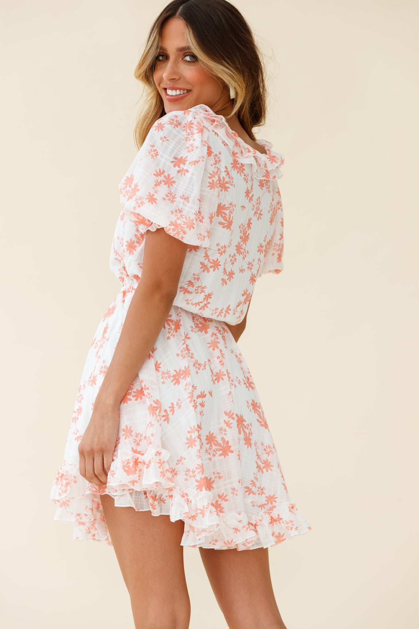 Brianna Puff Sleeve Drawstring Waist Dress Floral Print Pink-Maymioy