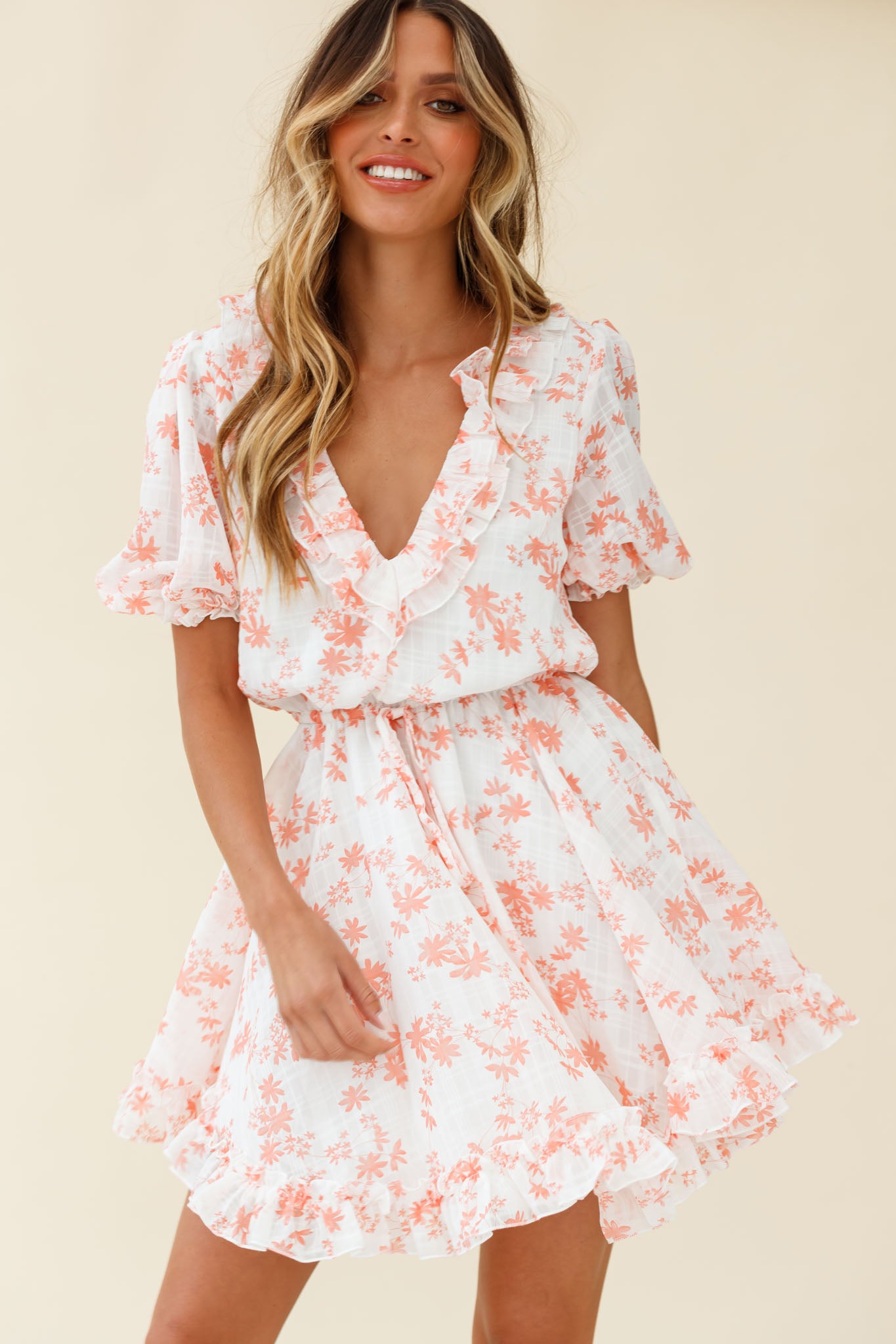 Brianna Puff Sleeve Drawstring Waist Dress Floral Print Pink-Maymioy