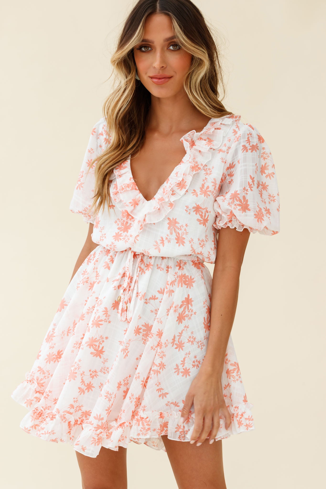 Brianna Puff Sleeve Drawstring Waist Dress Floral Print Pink-Maymioy