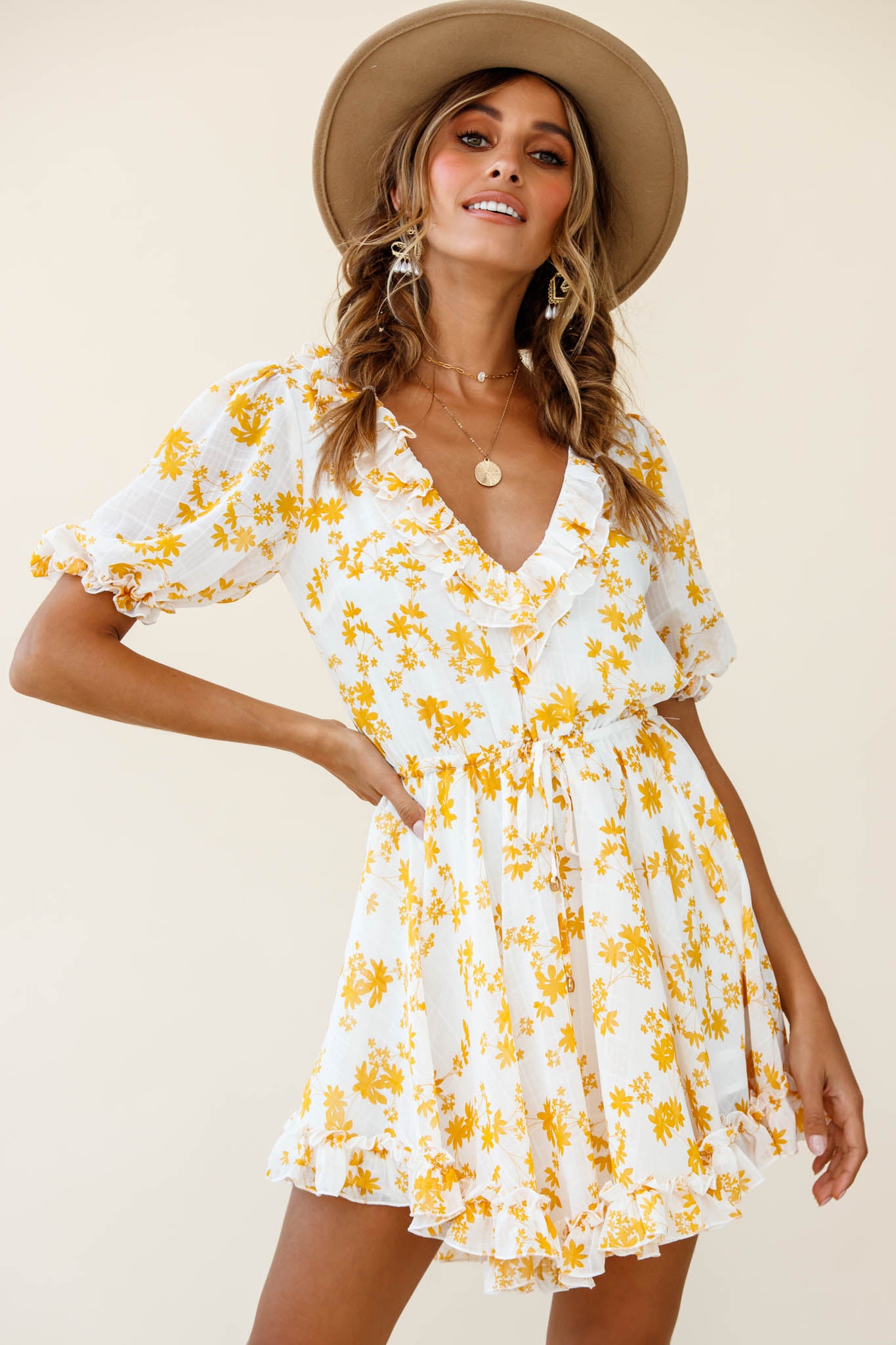 Brianna Puff Sleeve Drawstring Waist Dress Floral Print Yellow-Maymioy