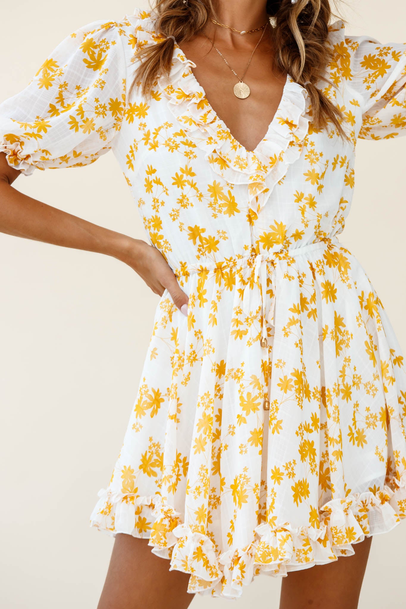 Brianna Puff Sleeve Drawstring Waist Dress Floral Print Yellow-Maymioy