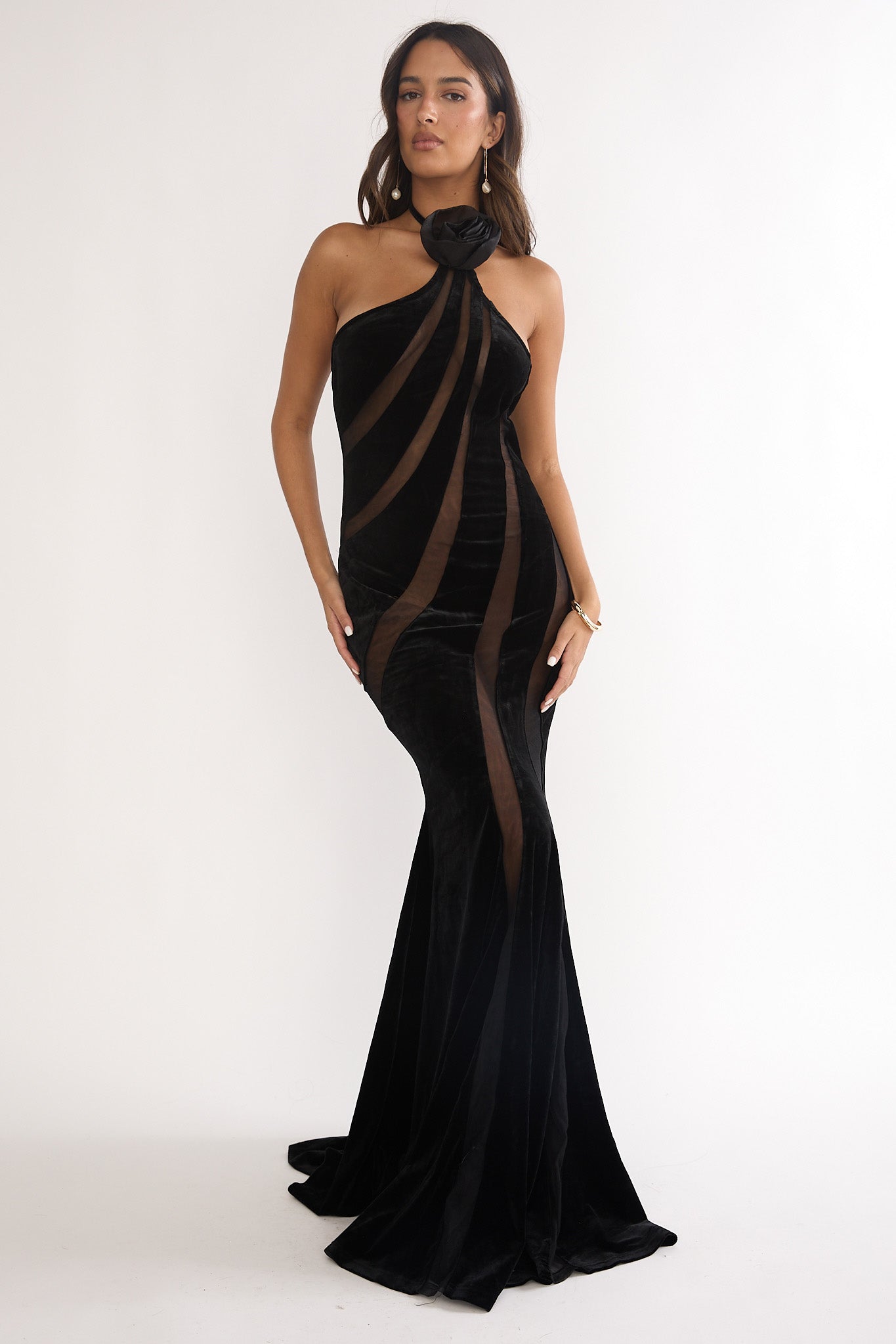 Azelia Velvet Mesh Maxi Dress Black-Maymioy