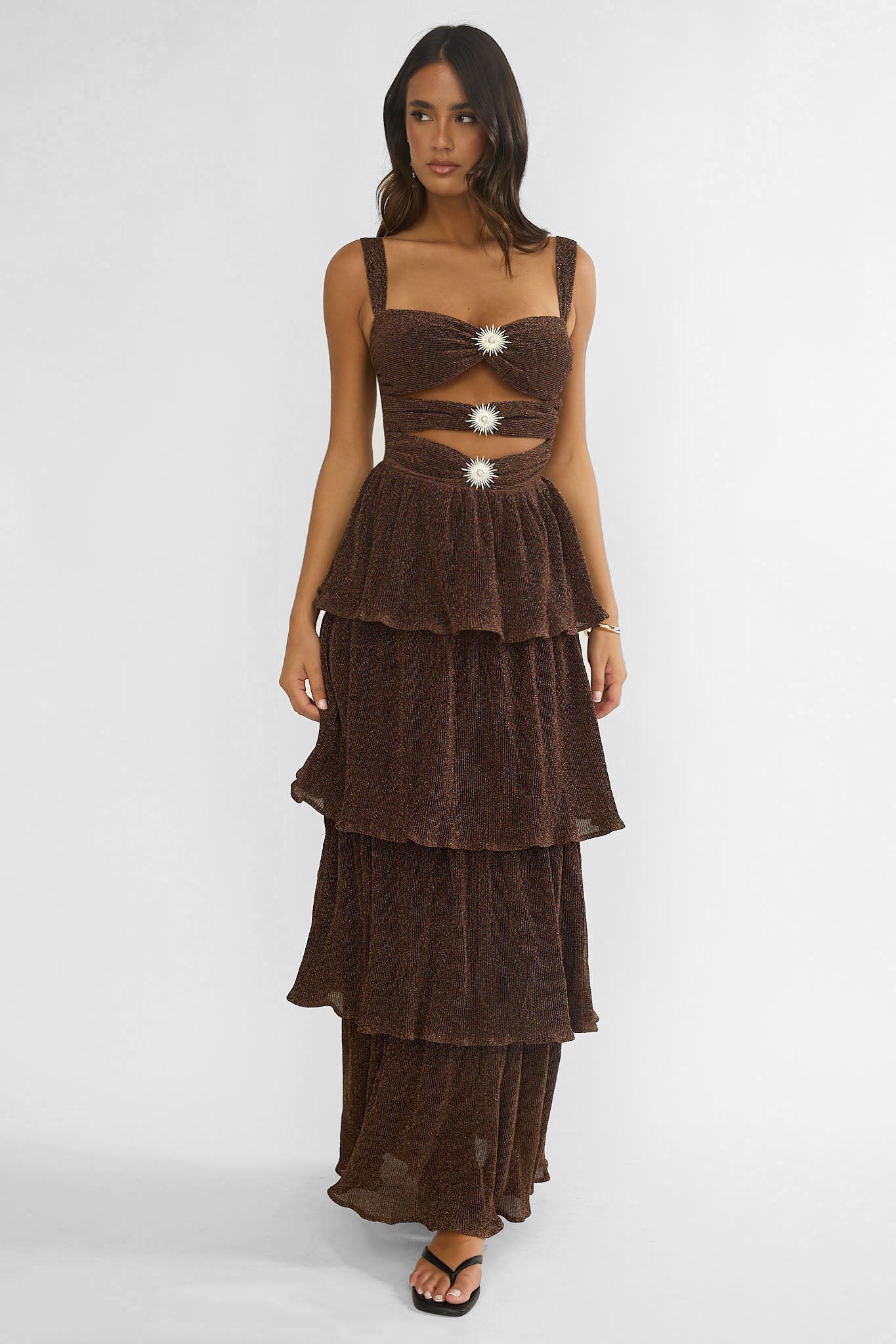 Ceylon Cut-Out Bodice Layered Maxi Dress Bronze-Maymioy
