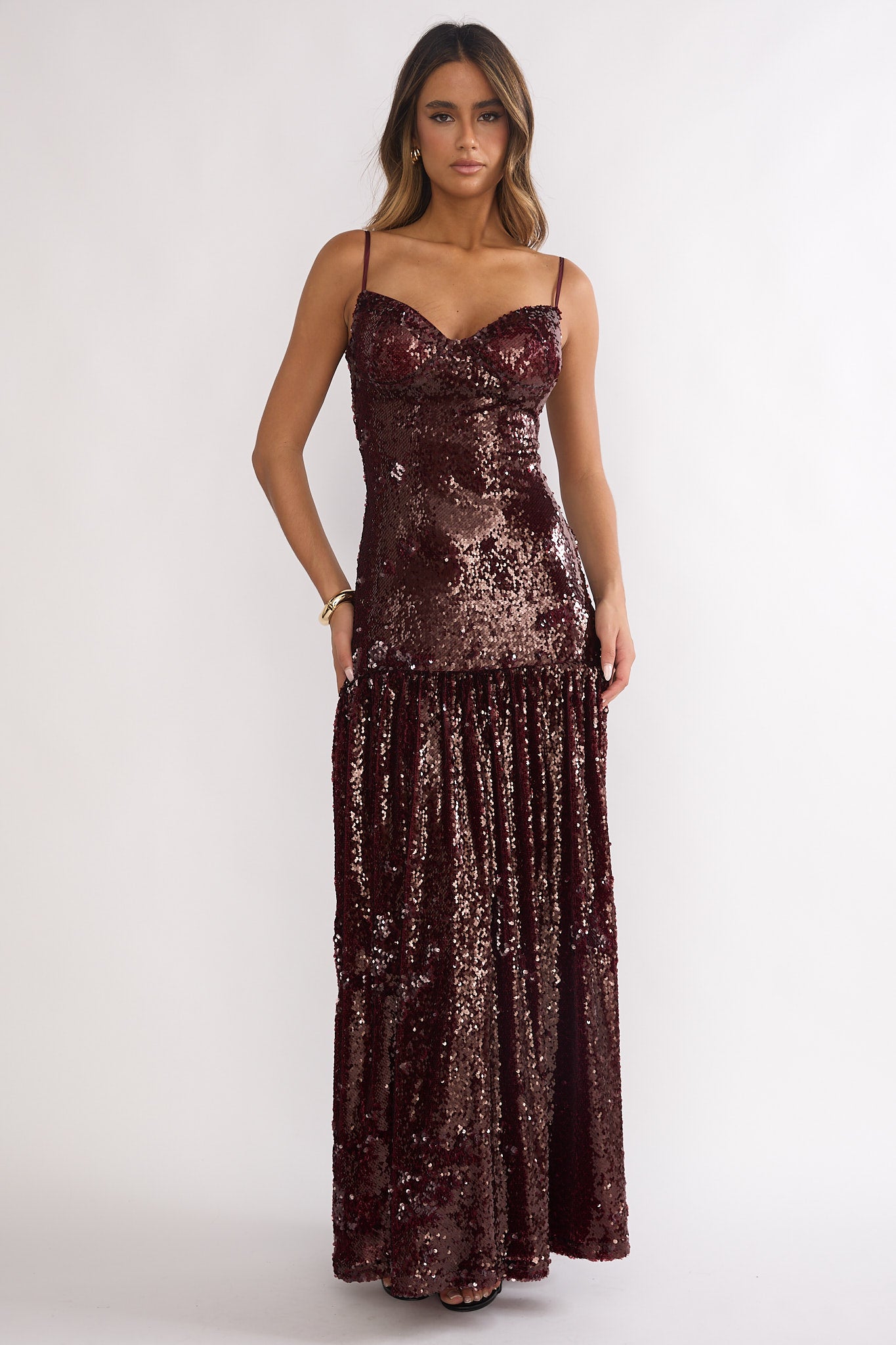 Miller Drop Waist Sequin Maxi Dress Burgundy-Maymioy