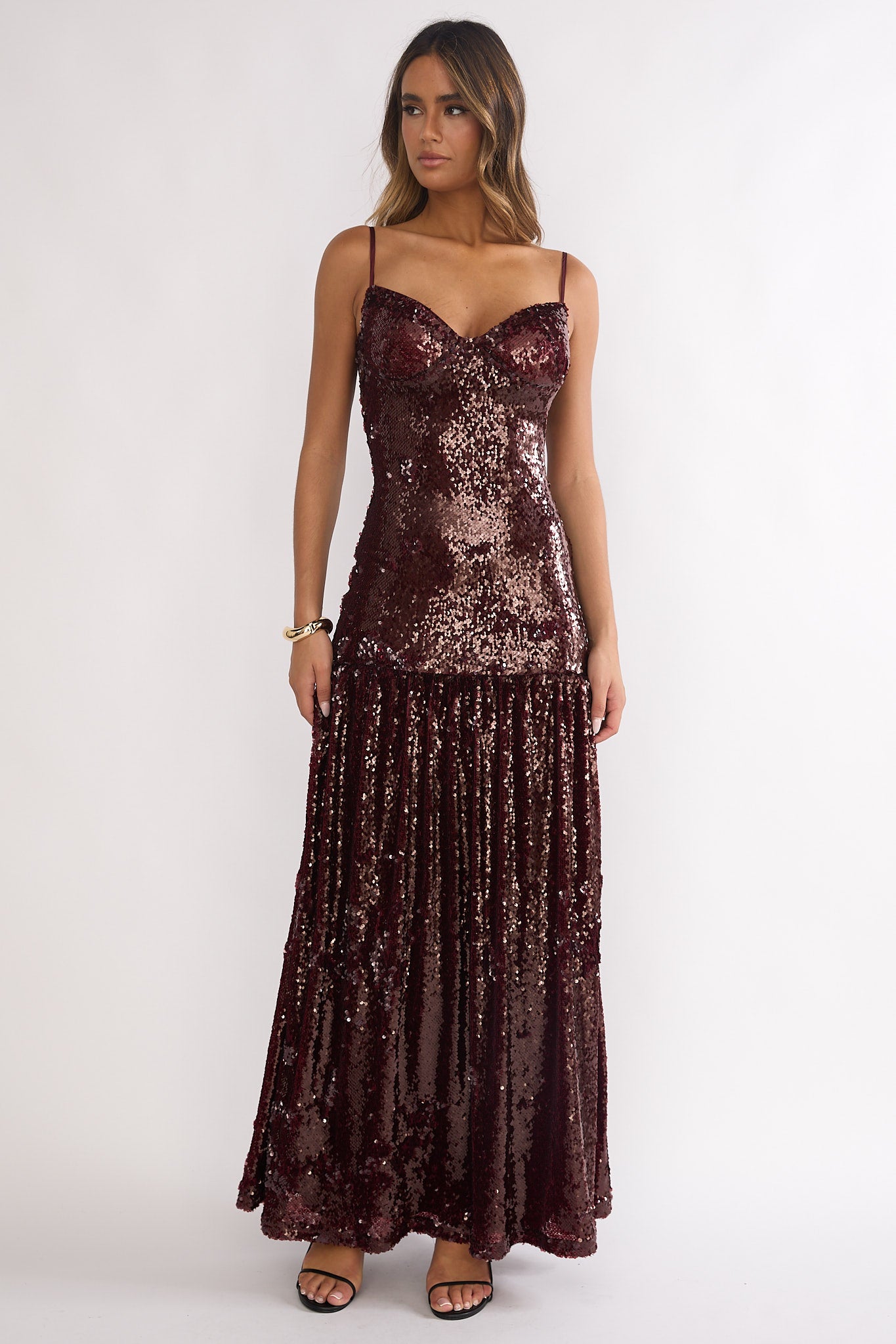 Miller Drop Waist Sequin Maxi Dress Burgundy-Maymioy