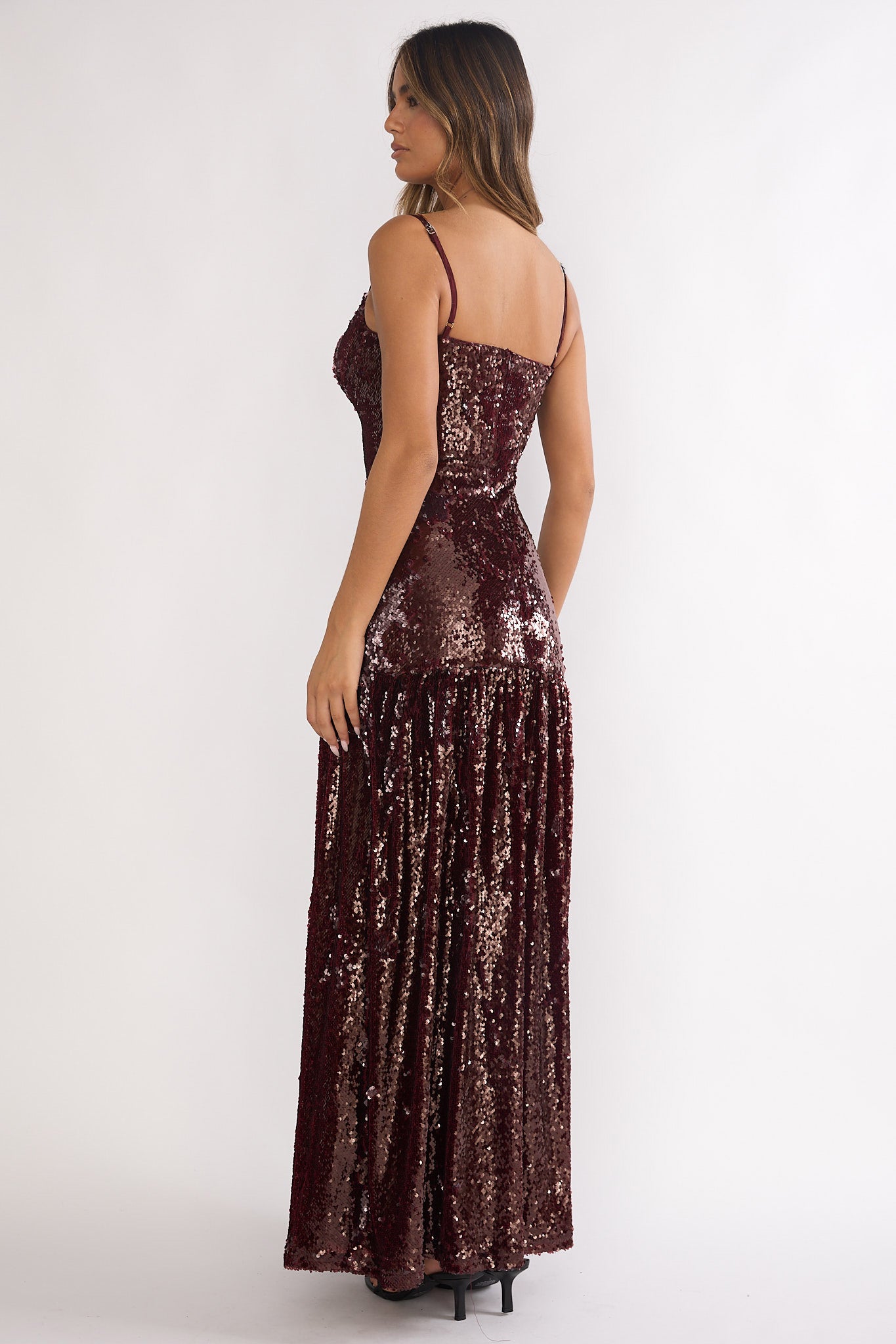Miller Drop Waist Sequin Maxi Dress Burgundy-Maymioy