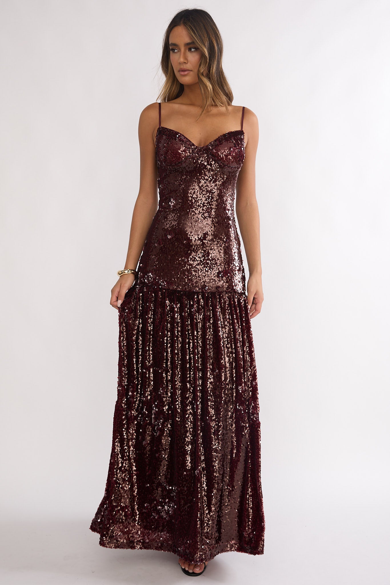 Miller Drop Waist Sequin Maxi Dress Burgundy-Maymioy