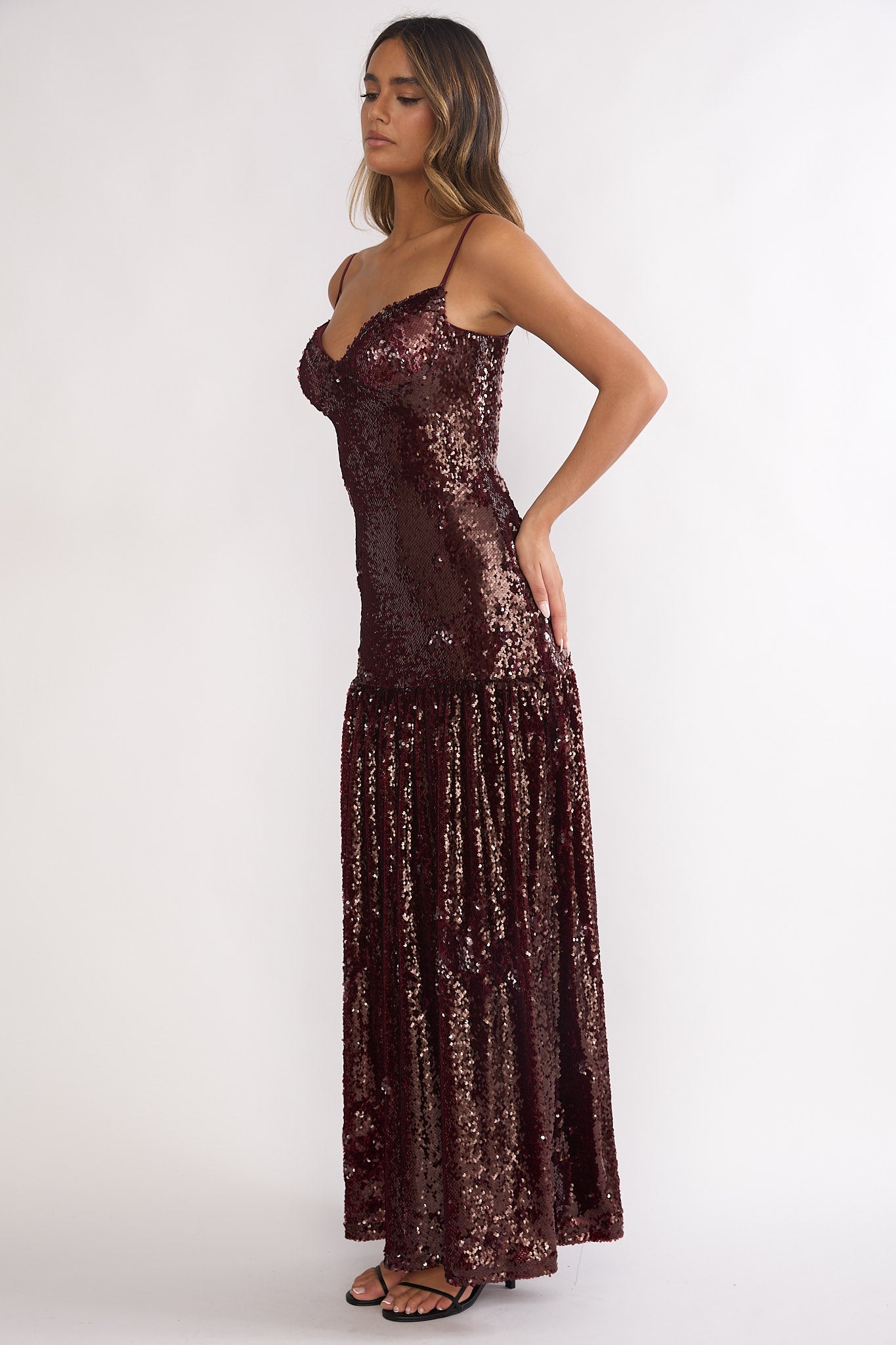 Miller Drop Waist Sequin Maxi Dress Burgundy-Maymioy