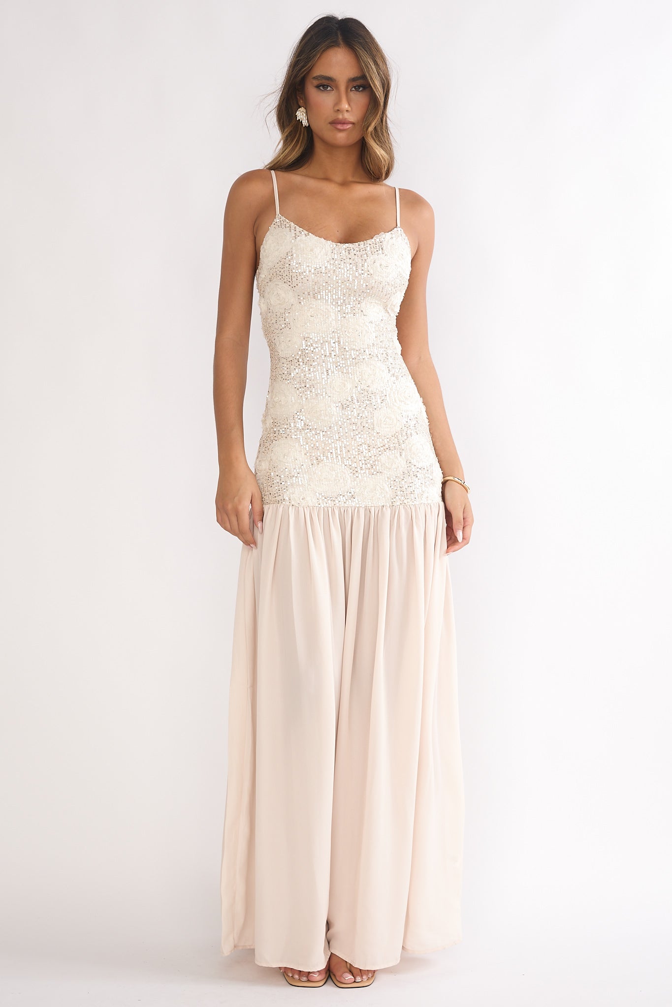 Opheliane Drop Waist Sequin Maxi Dress Champagne-Maymioy