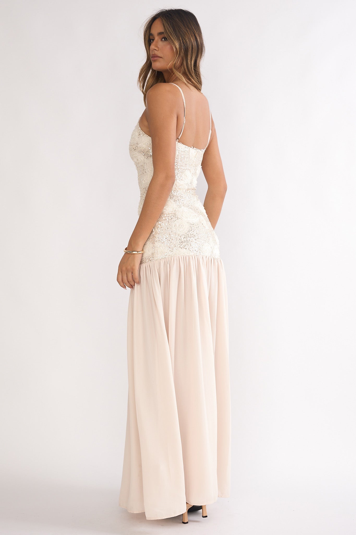 Opheliane Drop Waist Sequin Maxi Dress Champagne-Maymioy