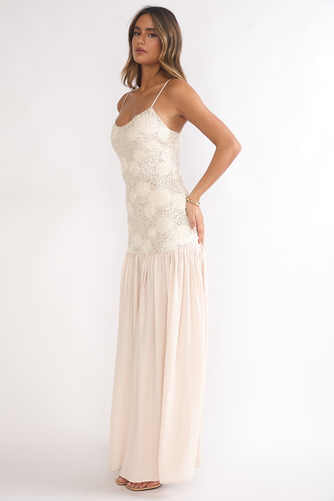 Opheliane Drop Waist Sequin Maxi Dress Champagne-Maymioy