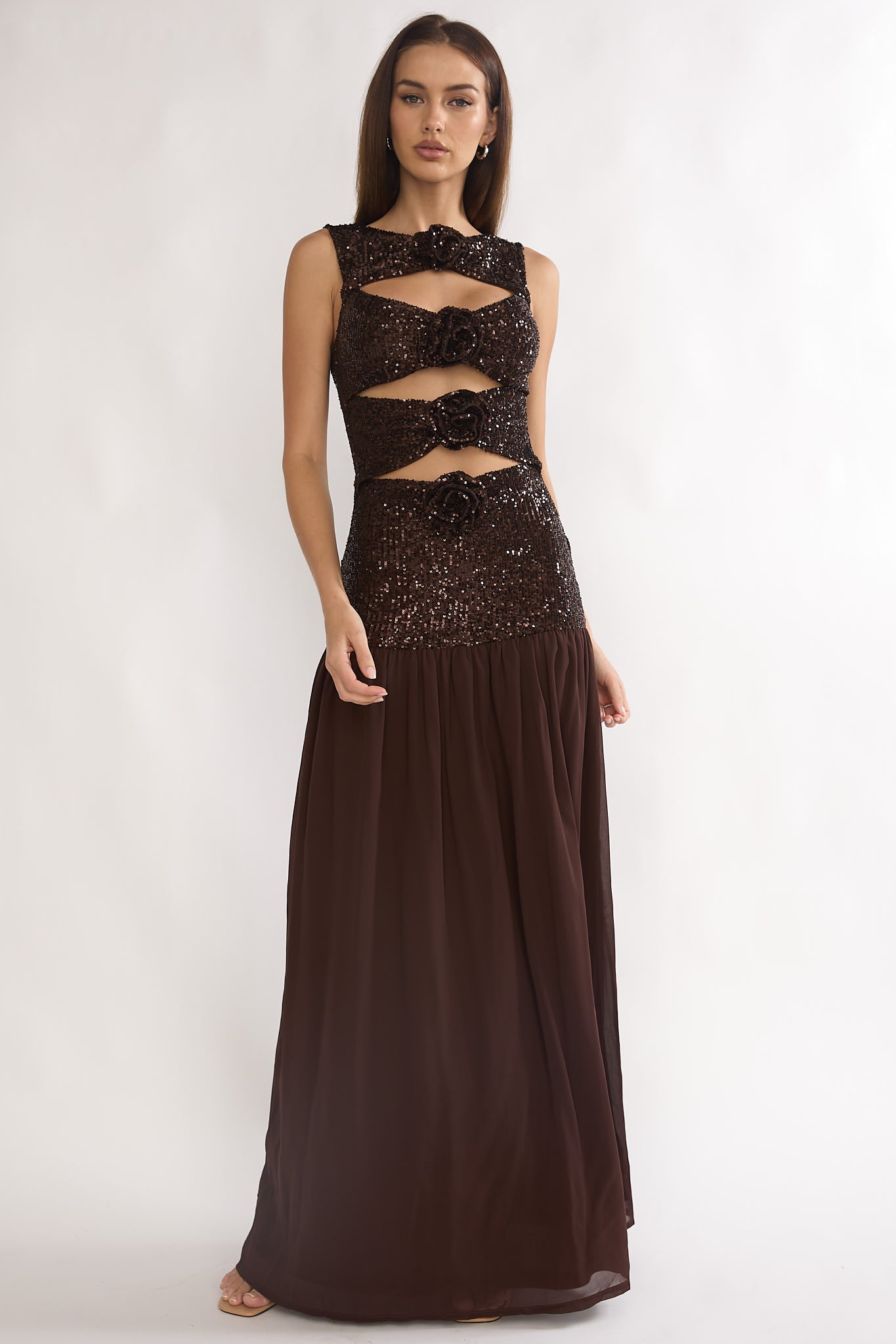 Dioris Rosette Cut-Out Sequin Maxi Dress Sequin Choco-Maymioy