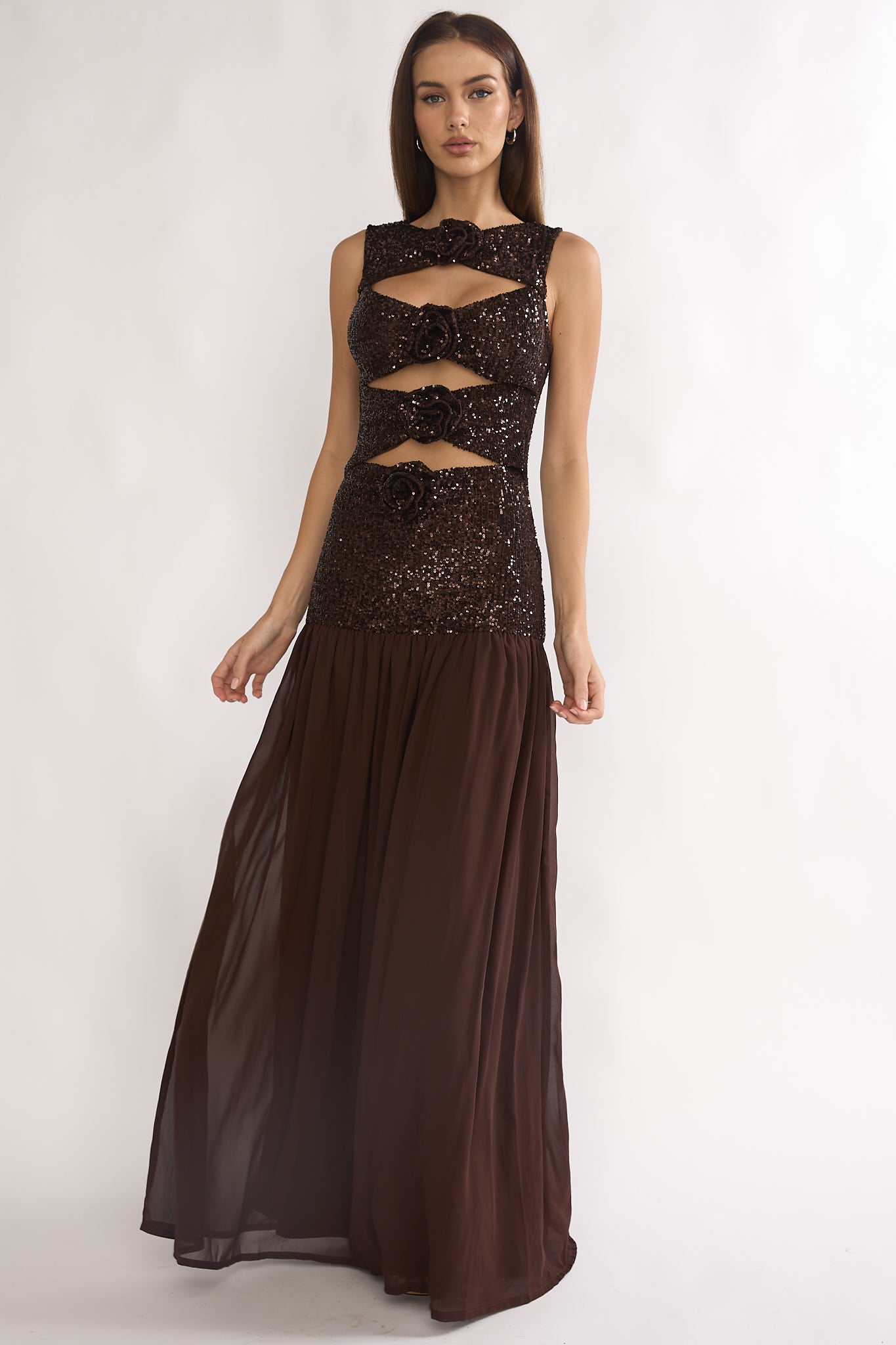 Dioris Rosette Cut-Out Sequin Maxi Dress Sequin Choco-Maymioy