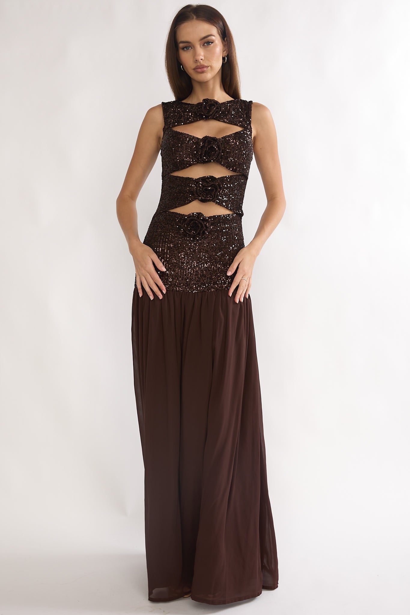 Dioris Rosette Cut-Out Sequin Maxi Dress Sequin Choco-Maymioy