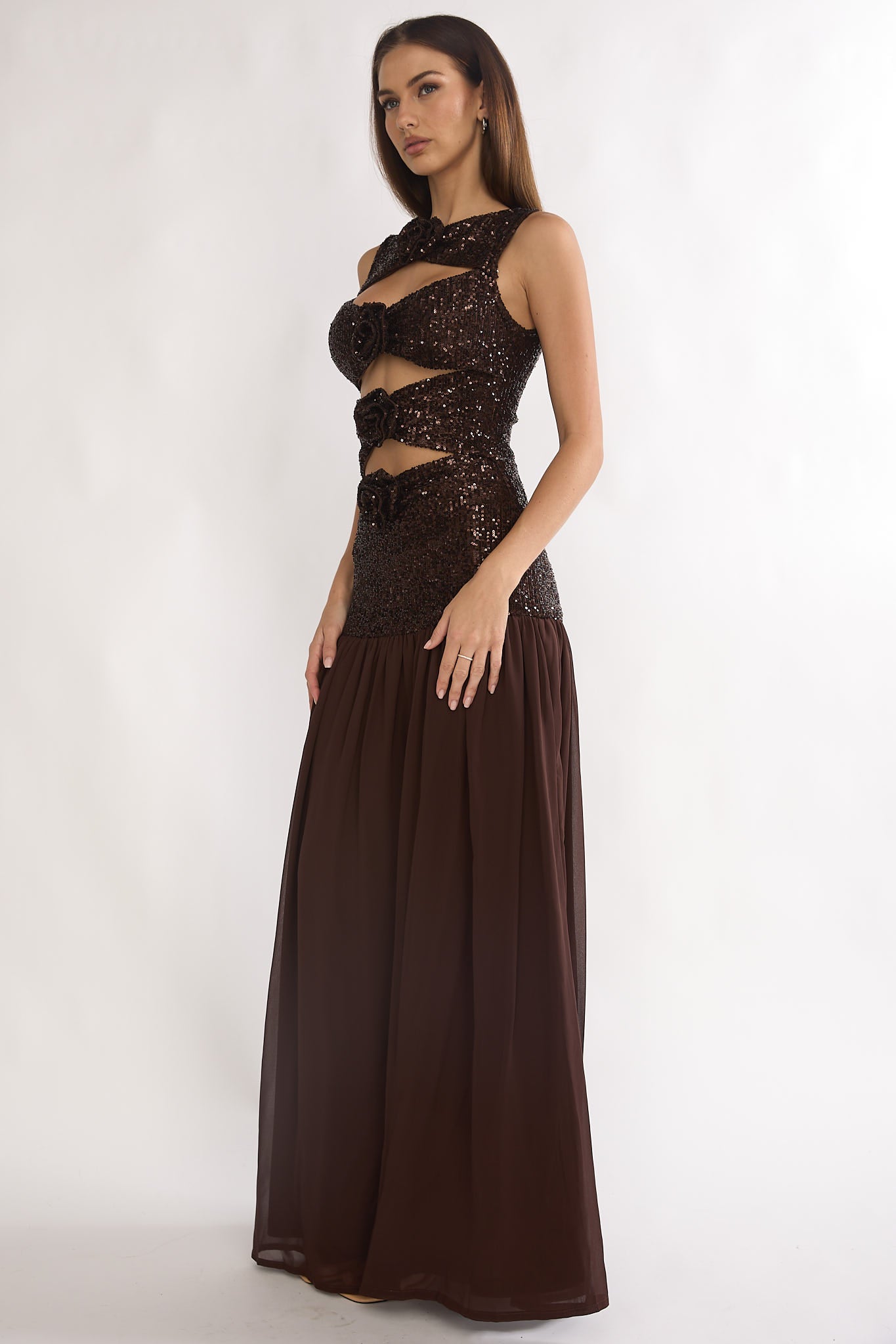 Dioris Rosette Cut-Out Sequin Maxi Dress Sequin Choco-Maymioy