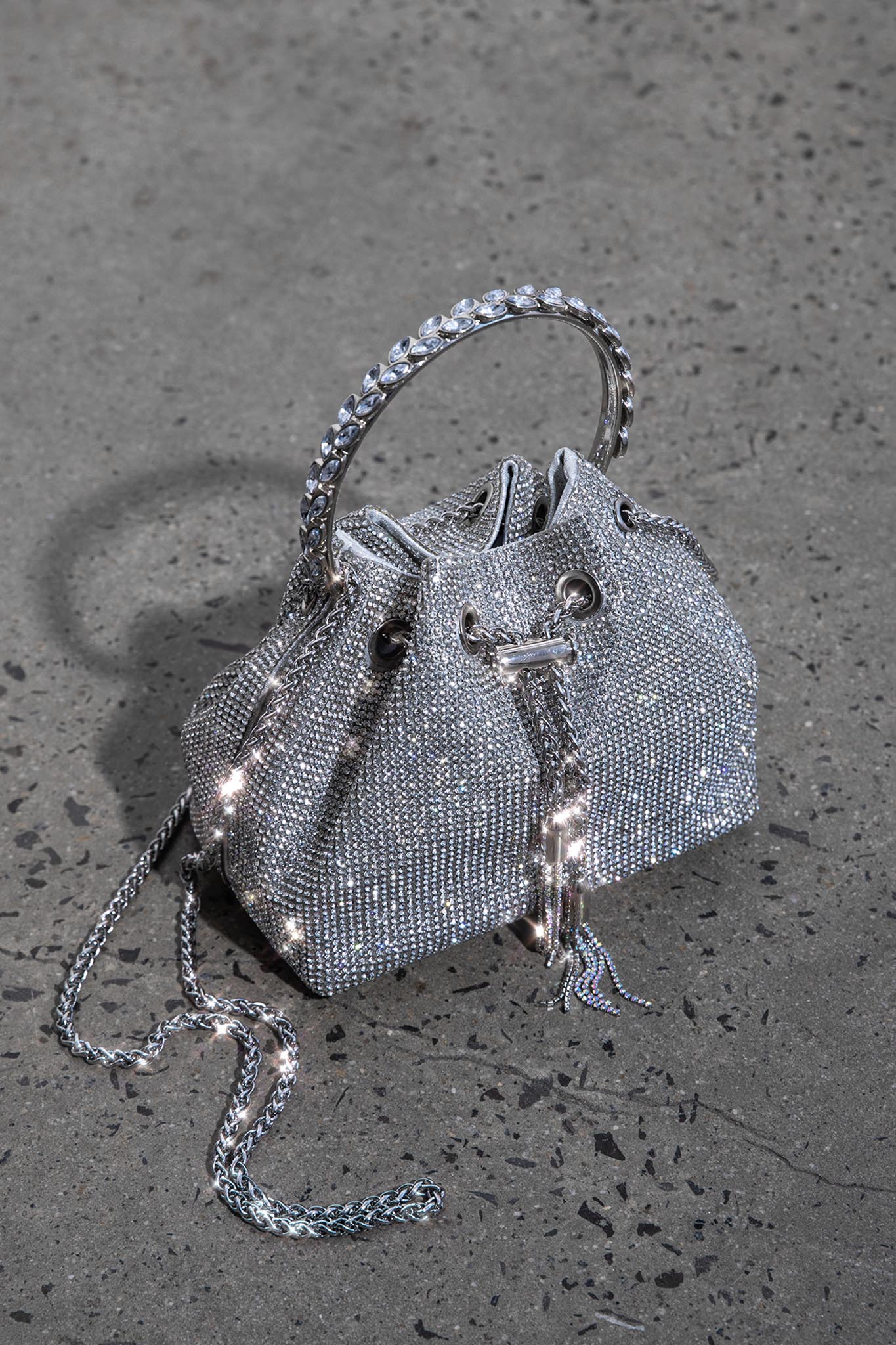 Hannah Diamante Bucket Bag Silver-Maymioy