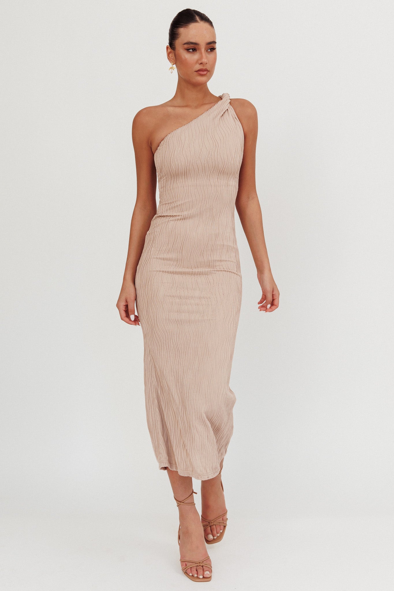 Lingering Love One-Shoulder Twist Midi Dress Beige-Maymioy