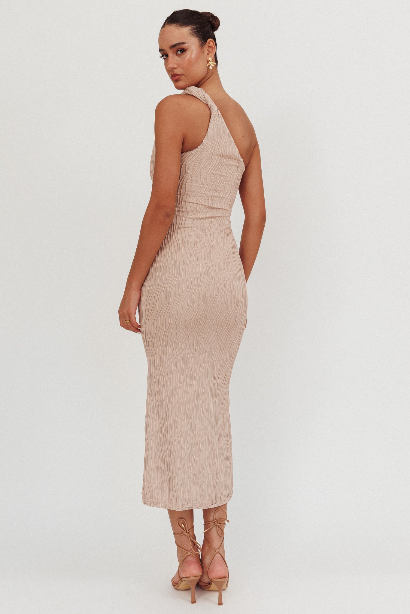 Lingering Love One-Shoulder Twist Midi Dress Beige-Maymioy