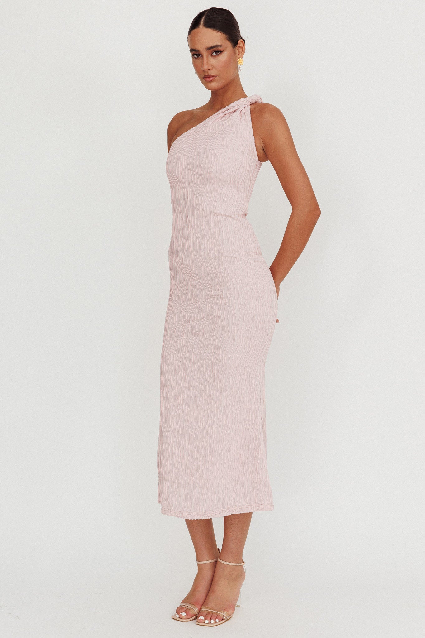 Lingering Love One-Shoulder Twist Midi Dress Blush-Maymioy