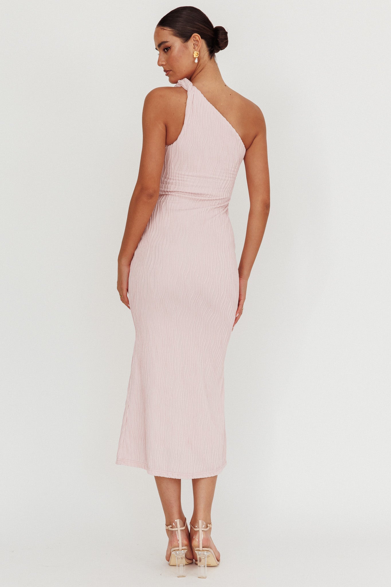 Lingering Love One-Shoulder Twist Midi Dress Blush-Maymioy