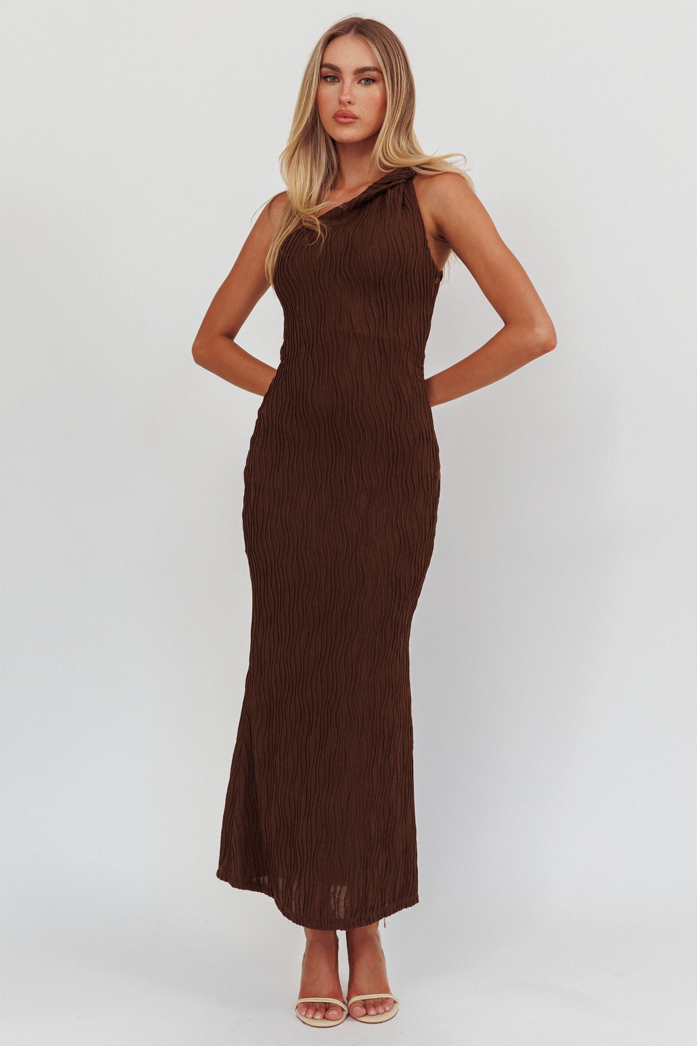 Lingering Love One-Shoulder Twist Maxi Dress Chocolate-Maymioy