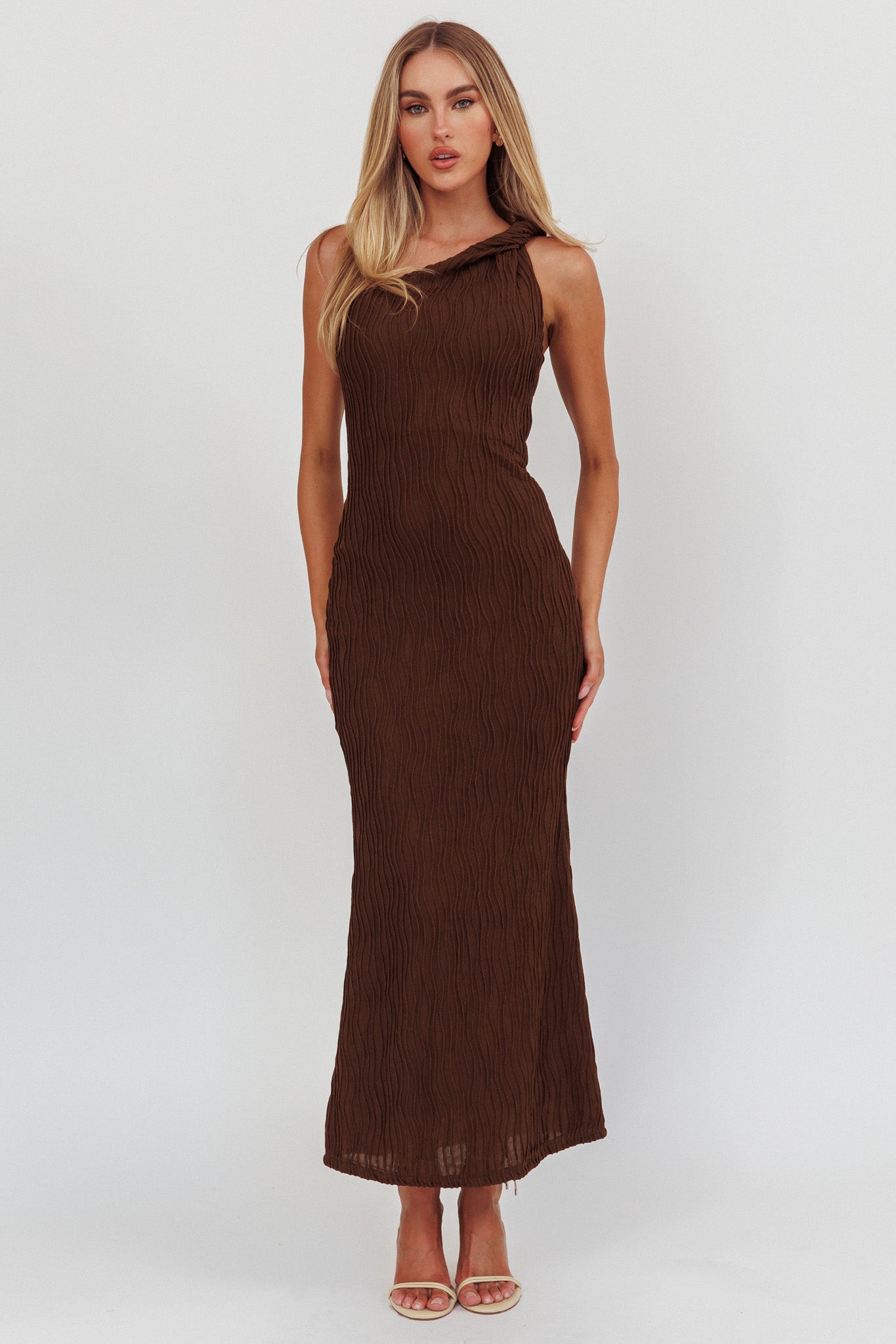 Lingering Love One-Shoulder Twist Maxi Dress Chocolate-Maymioy