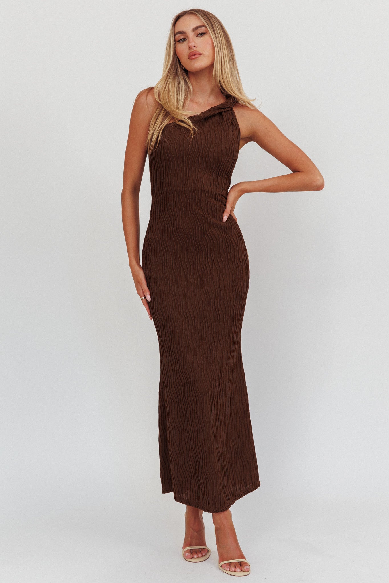 Lingering Love One-Shoulder Twist Maxi Dress Chocolate-Maymioy