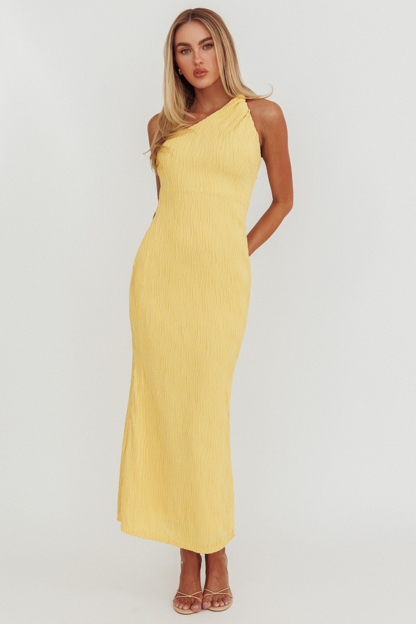 Lingering Love One-Shoulder Twist Midi Dress Lemon-Maymioy