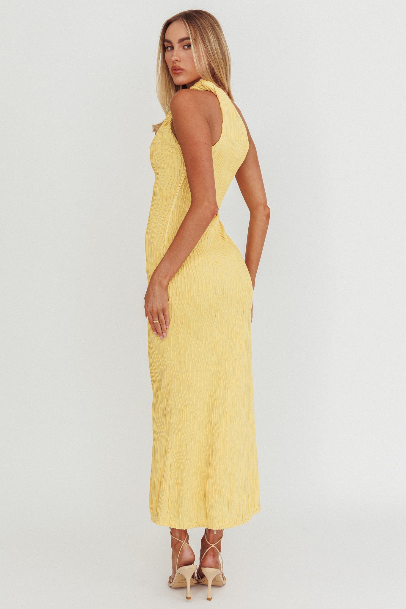 Lingering Love One-Shoulder Twist Midi Dress Lemon-Maymioy