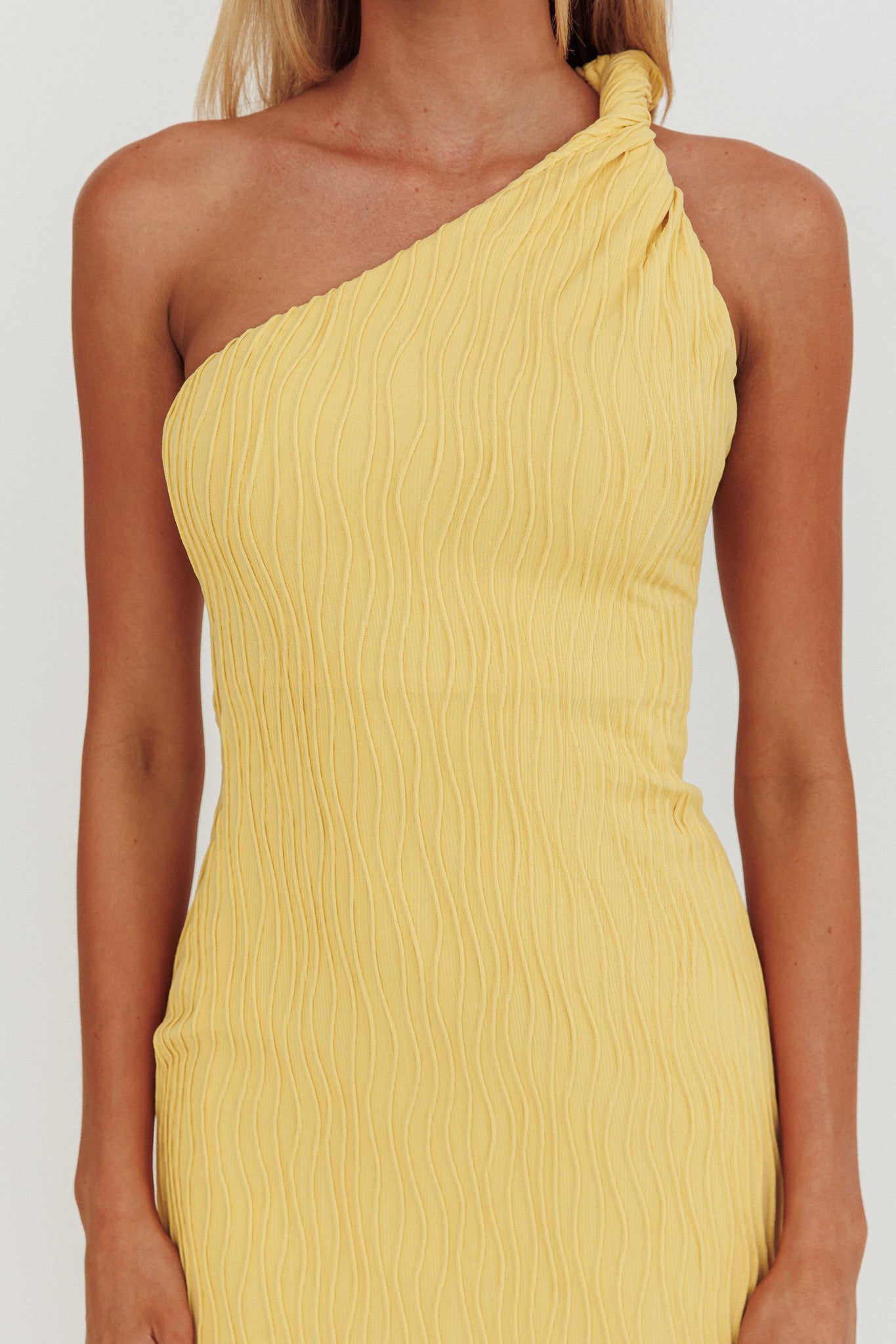 Lingering Love One-Shoulder Twist Midi Dress Lemon-Maymioy