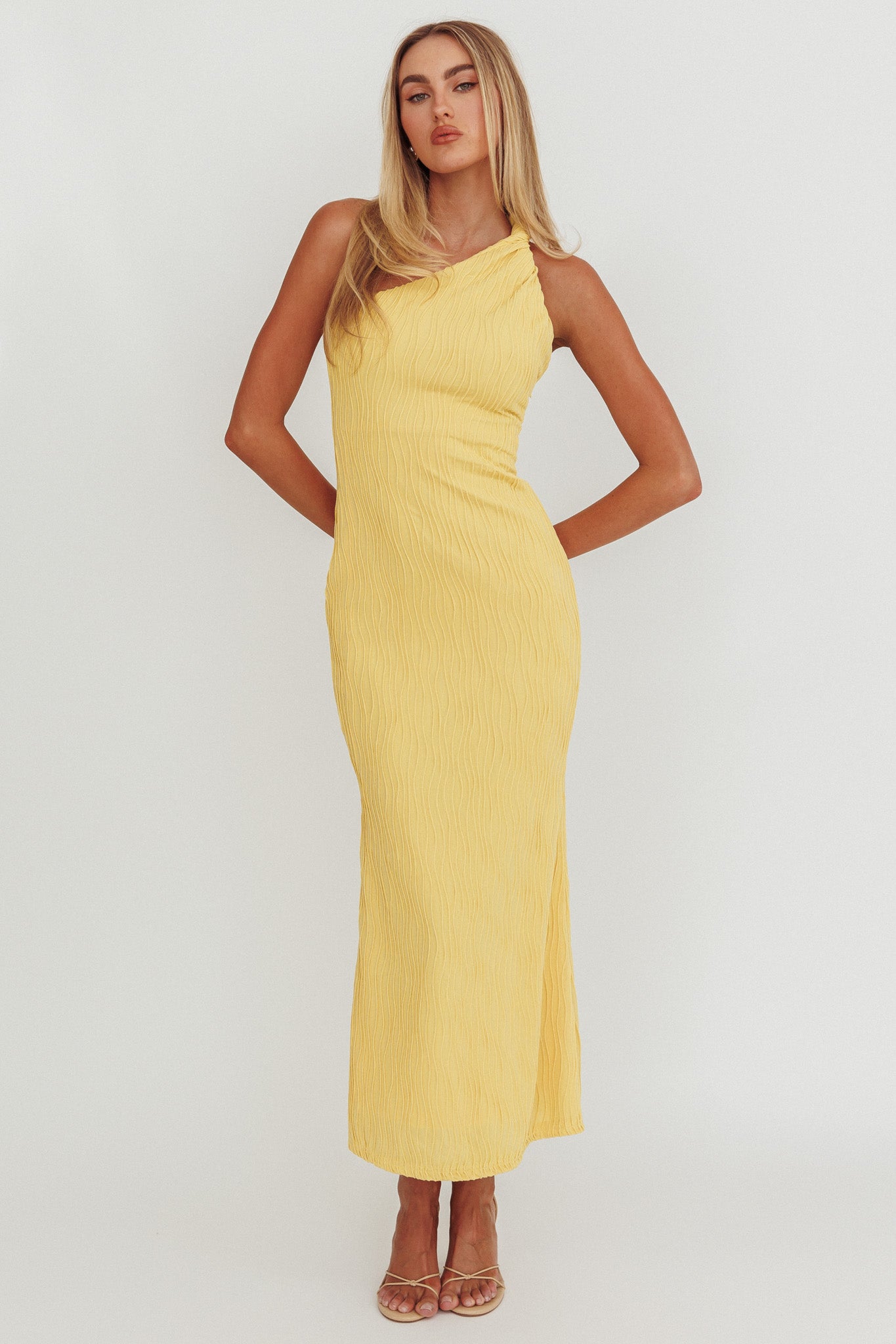 Lingering Love One-Shoulder Twist Midi Dress Lemon-Maymioy