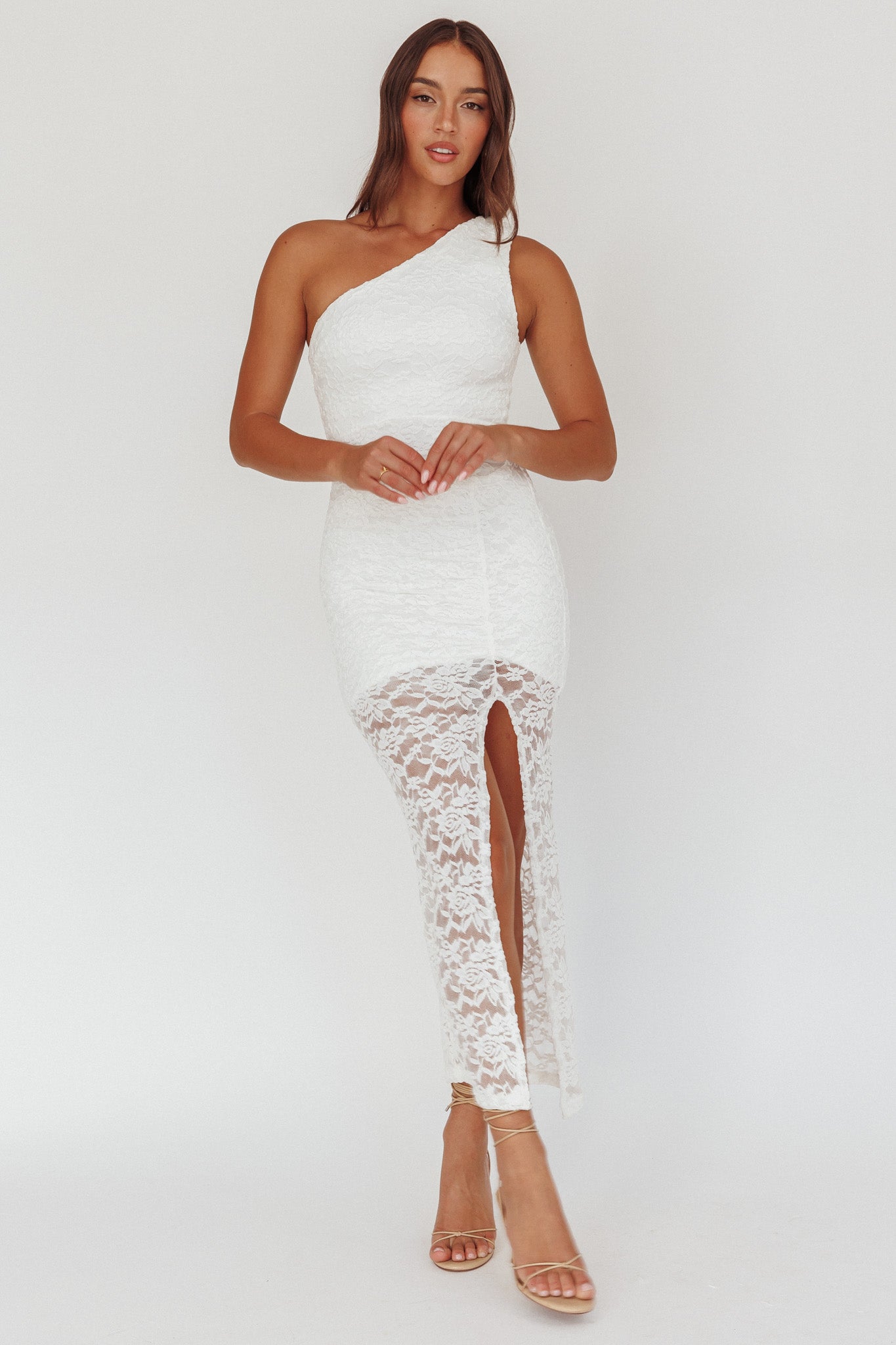 Lingering Love One-Shoulder Split Midi Dress Lace White-Maymioy