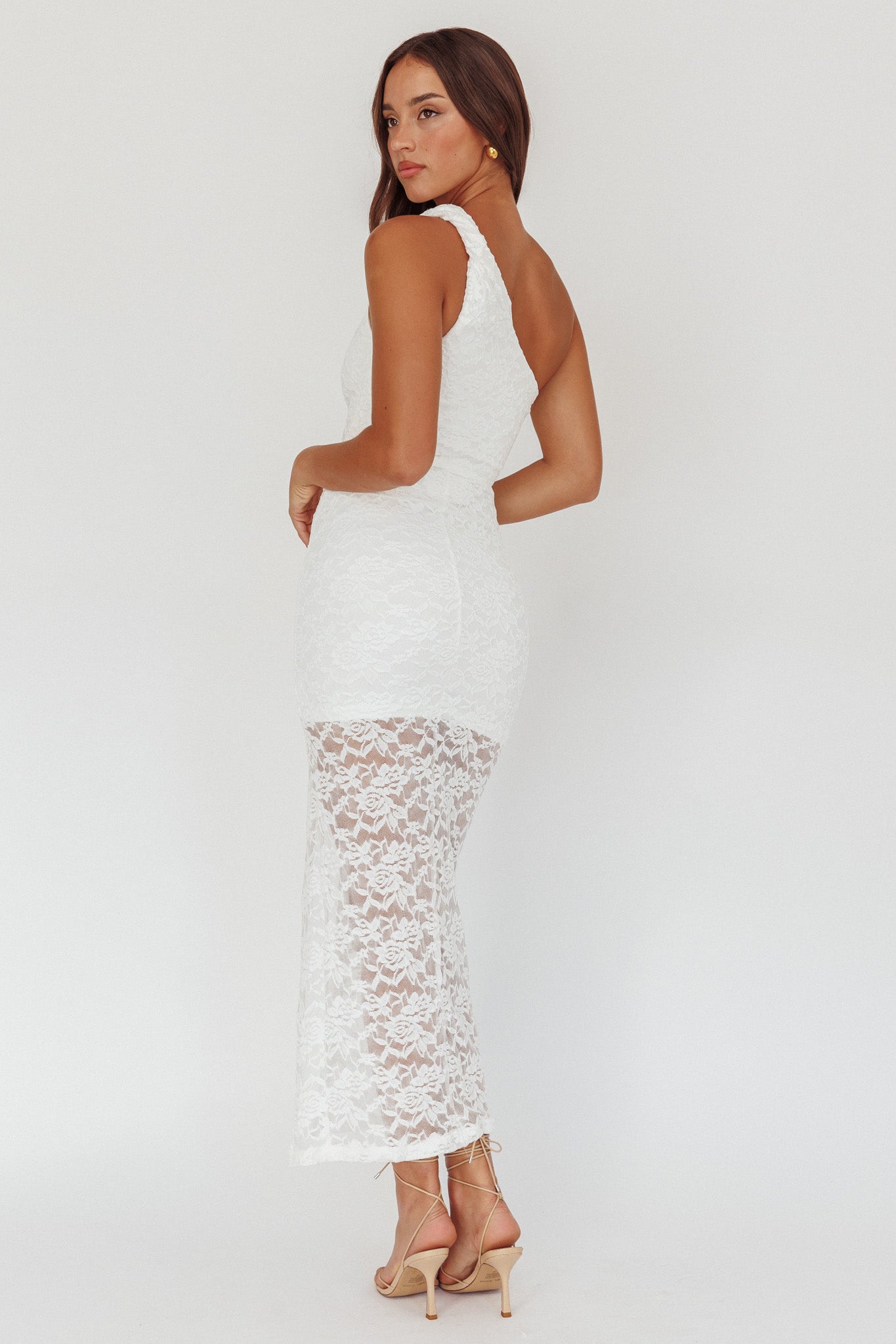 Lingering Love One-Shoulder Split Midi Dress Lace White-Maymioy