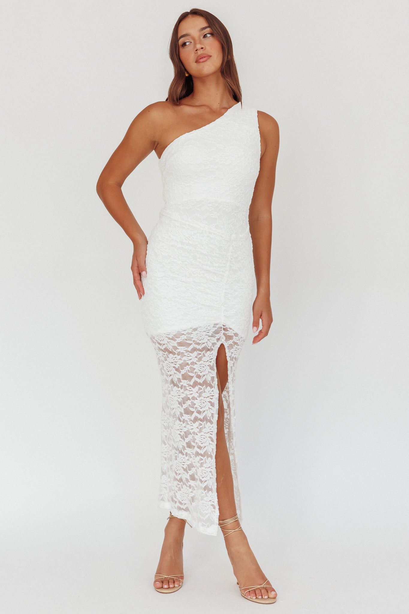 Lingering Love One-Shoulder Split Midi Dress Lace White-Maymioy