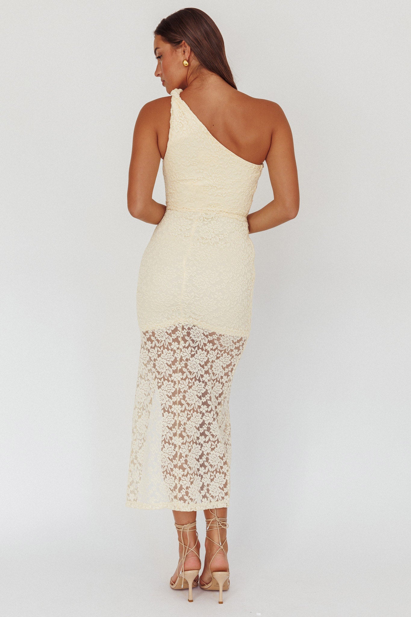 Lingering Love One-Shoulder Split Midi Dress Lace Yellow-Maymioy